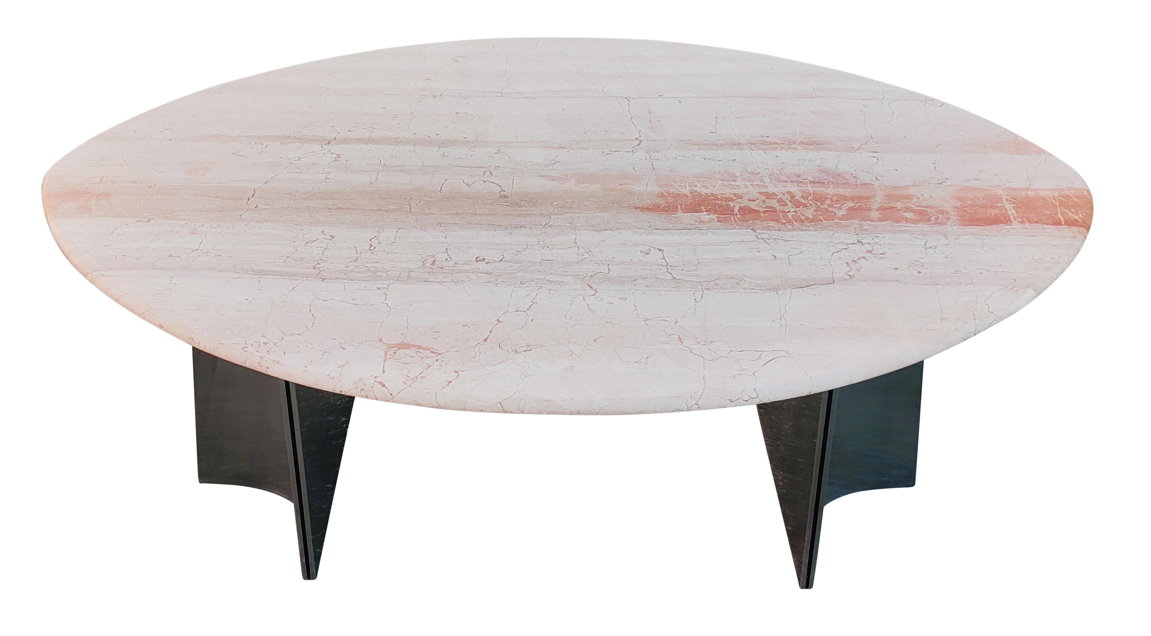 Mid-Century Modern Luigi Saccardo Attr. Large Pink Oval Marble Dining Table Steel Italy 1970s MCM
