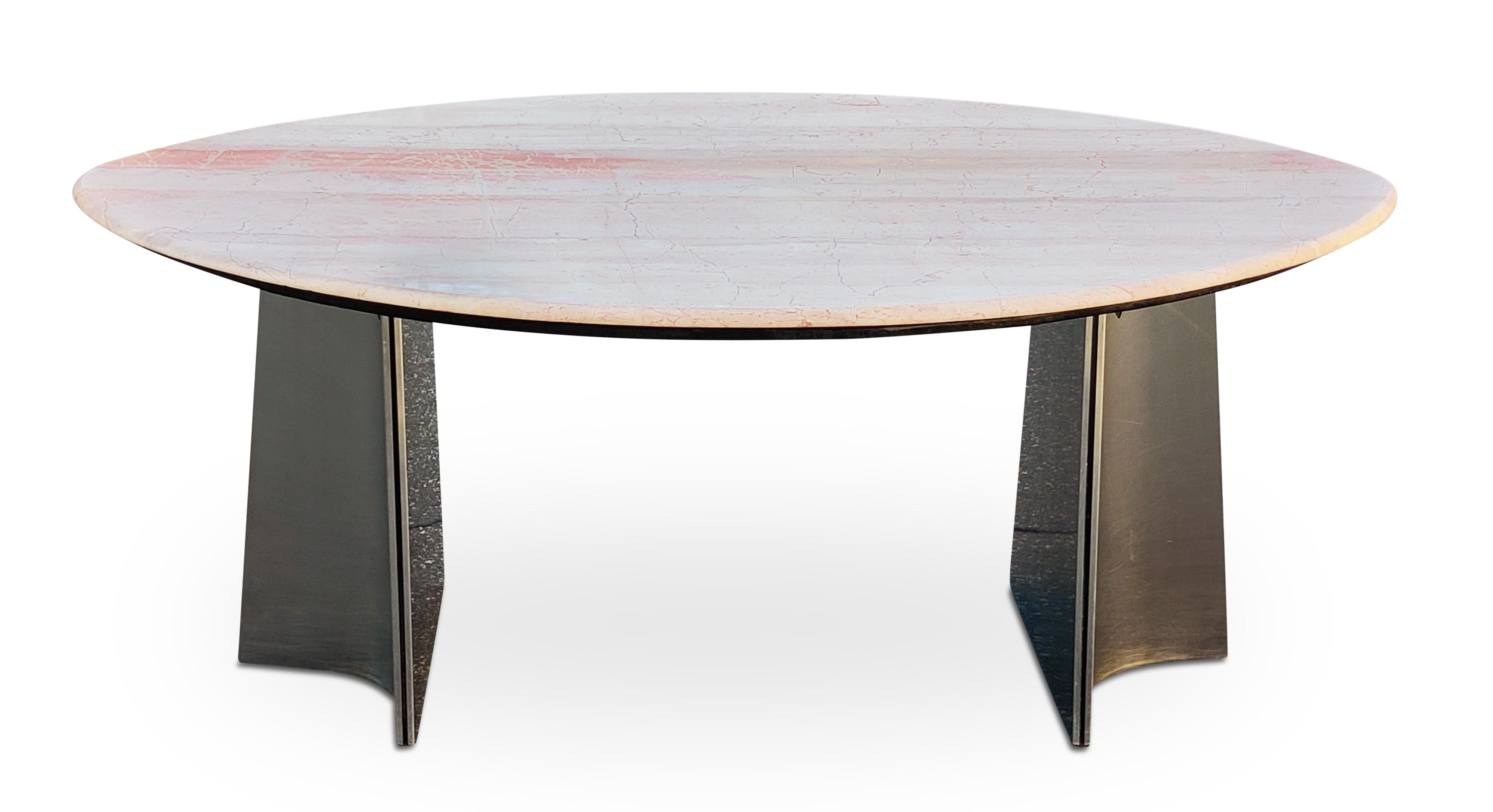 Luigi Saccardo Attr. Large Pink Oval Marble Dining Table Steel Italy 1970s MCM In Good Condition In Philadelphia, PA