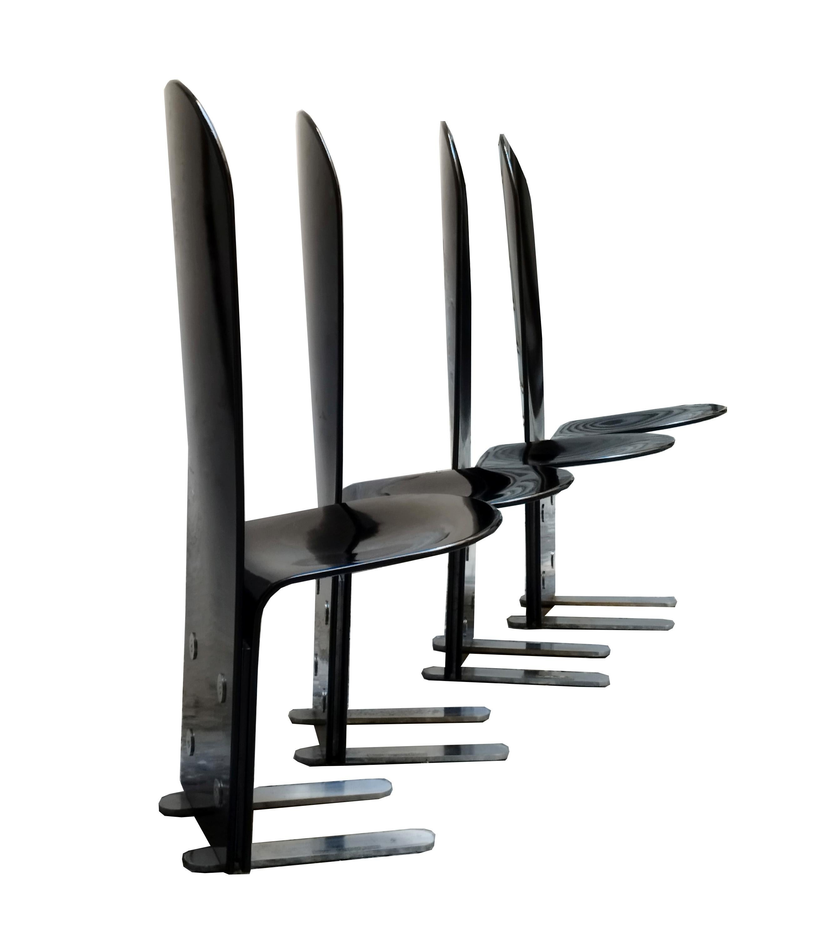 Mid-Century Modern Luigi Saccardo for Arrmet Set of 4 'Pelicano' Chairs, Black Plywood, Italy 1970s For Sale