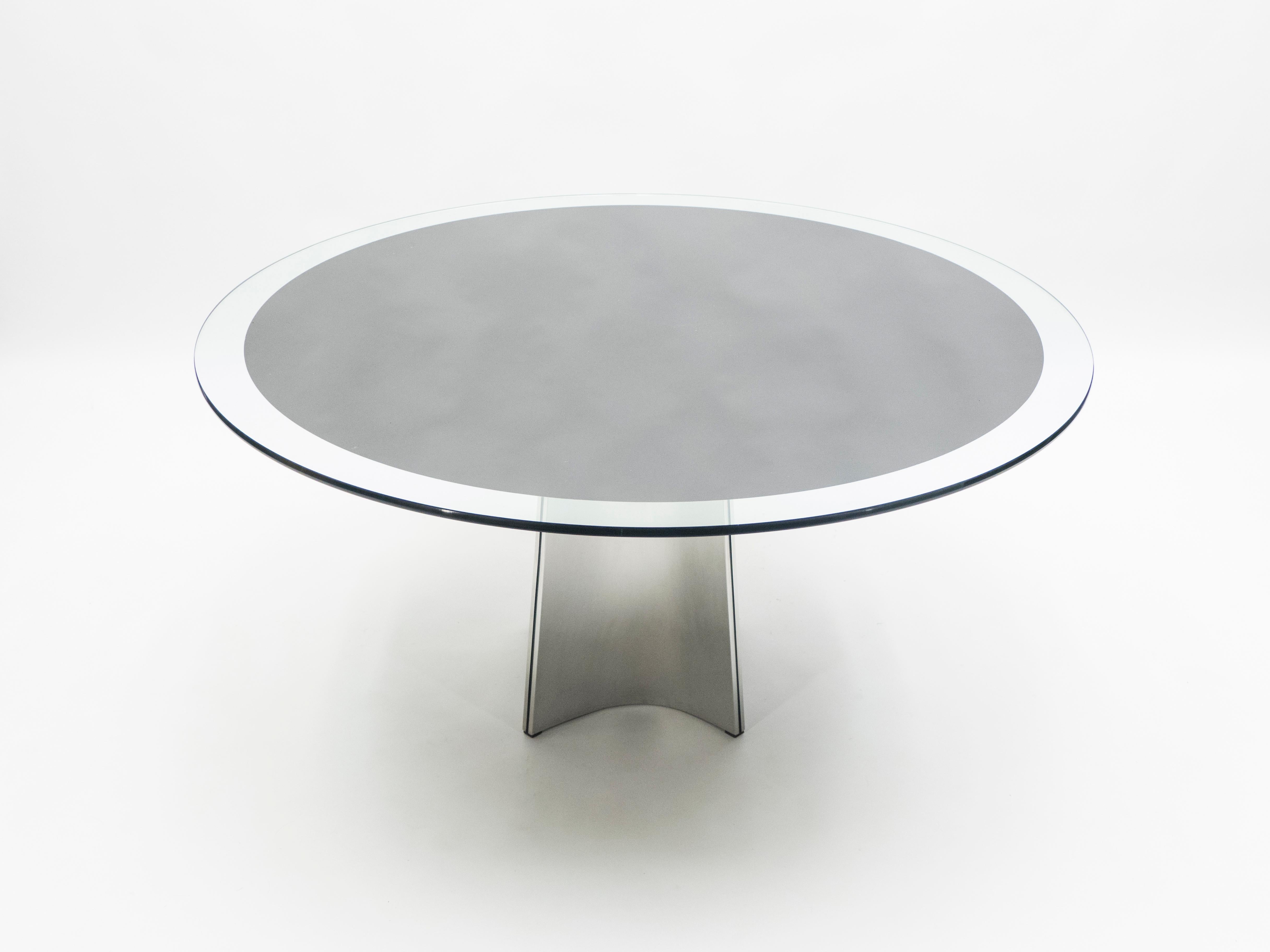 Mid-Century Modern Luigi Saccardo for Maison Jansen Brushed Steel Glass Guéridon Dining Table 1970s