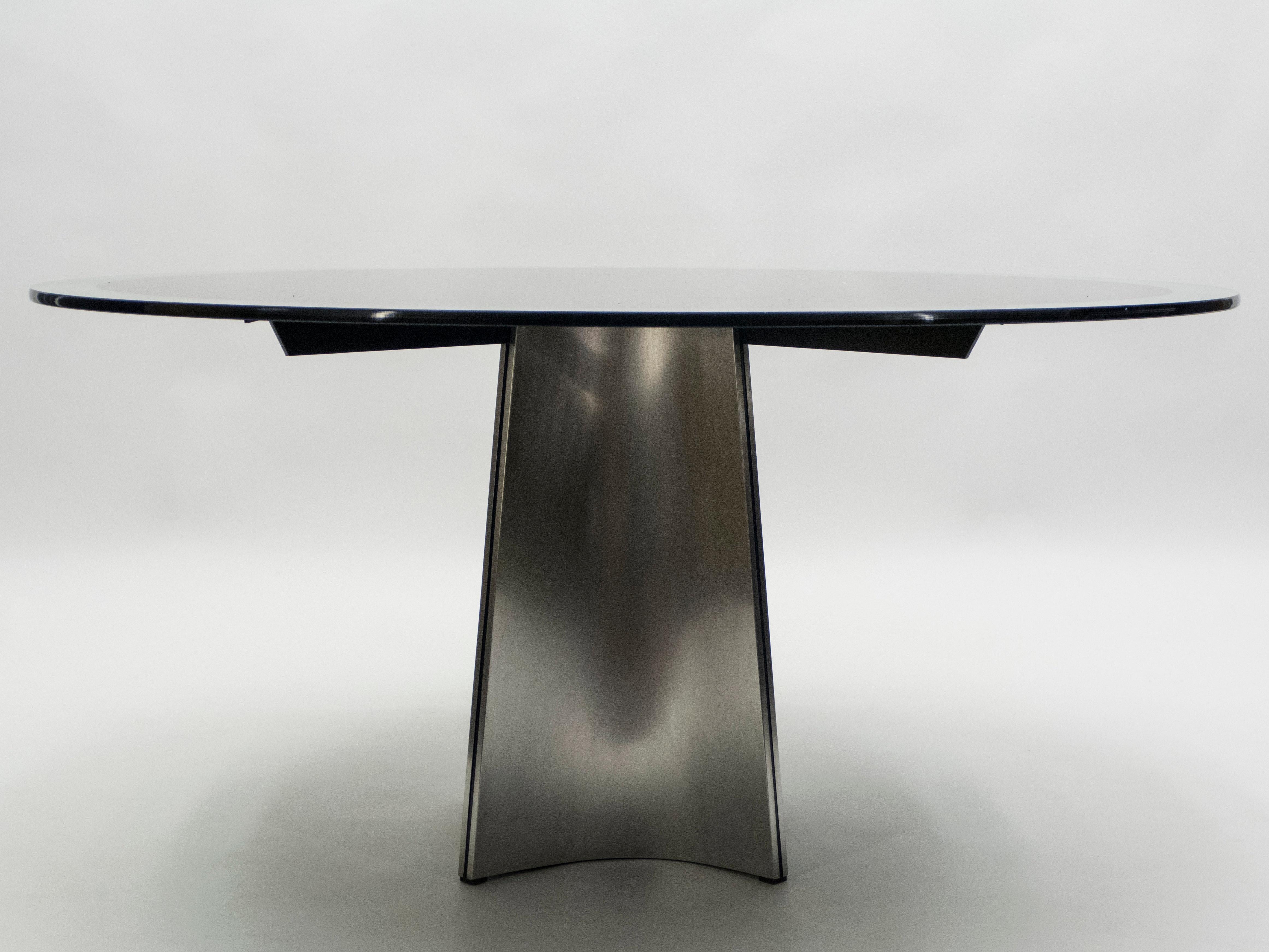 Luigi Saccardo for Maison Jansen Brushed Steel Glass Guéridon Dining Table 1970s In Good Condition In Paris, IDF