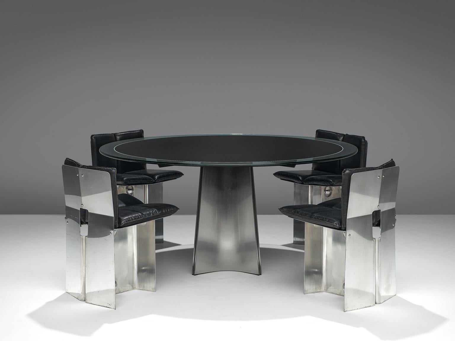 Glass Luigi Saccardo Postmodern Dining Table with Metal Foot, 1970s