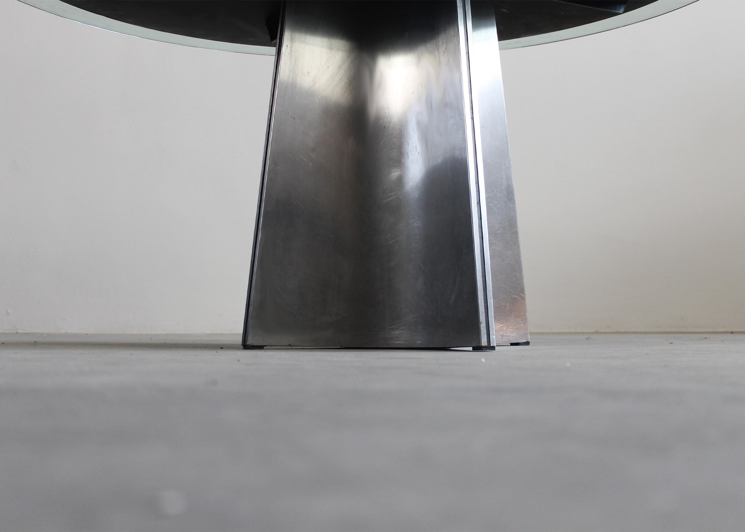 Brushed Luigi Saccardo UFO Pedestal Table in Steel and Glass by Maison Jansen 1970s For Sale