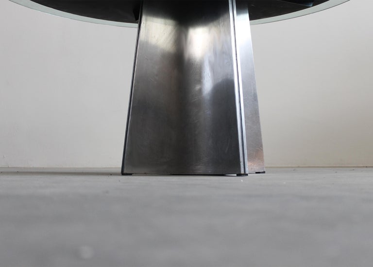 Brushed Luigi Saccardo Round Pedestal Table in Steel and Glass by Maison Jansen, 1970s For Sale