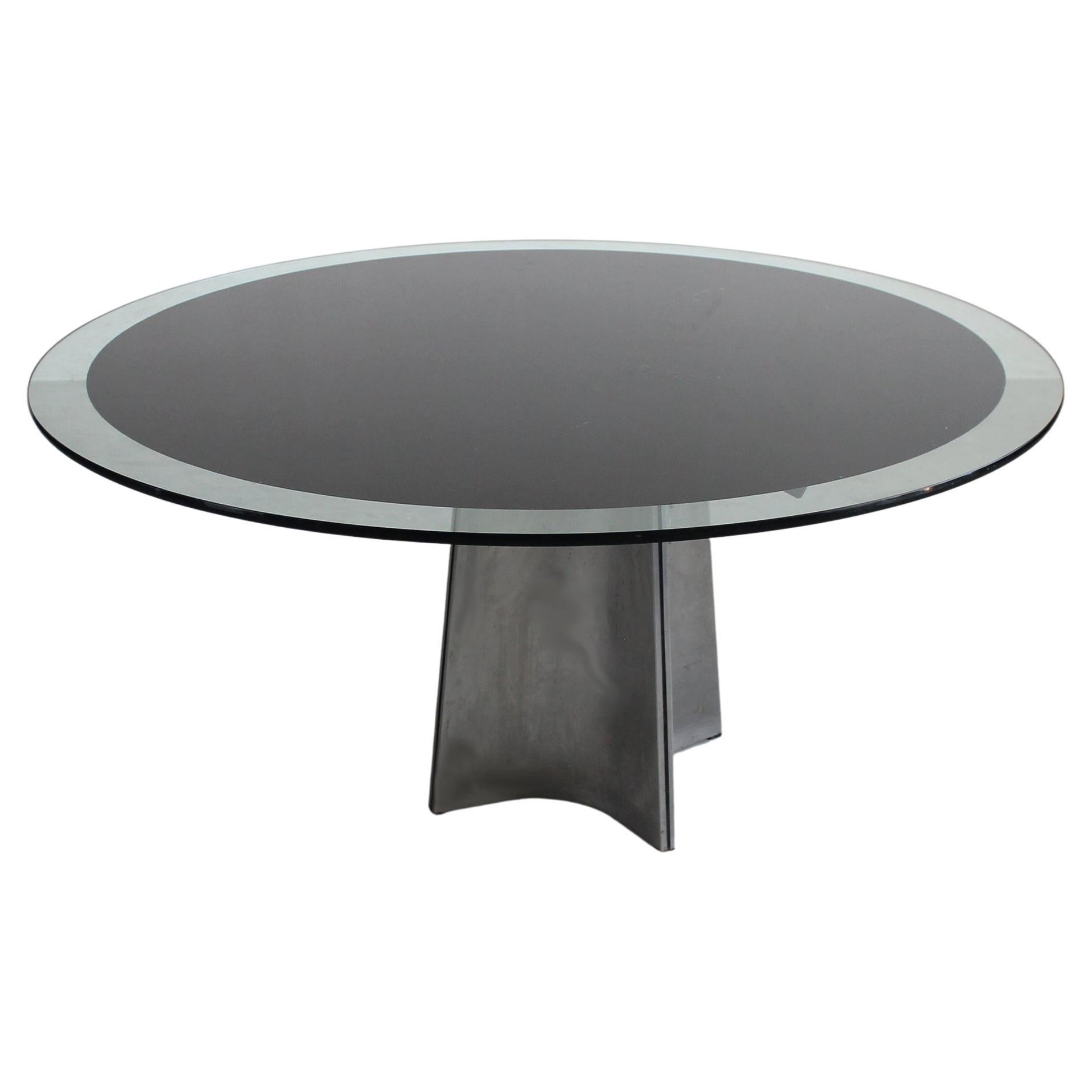 Luigi Saccardo Round Pedestal Table in Steel and Glass by Maison Jansen, 1970s