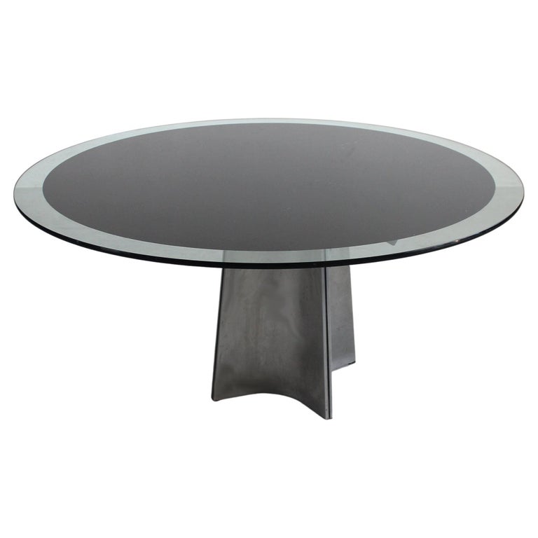 Luigi Saccardo Round Pedestal Table in Steel and Glass by Maison Jansen, 1970s For Sale
