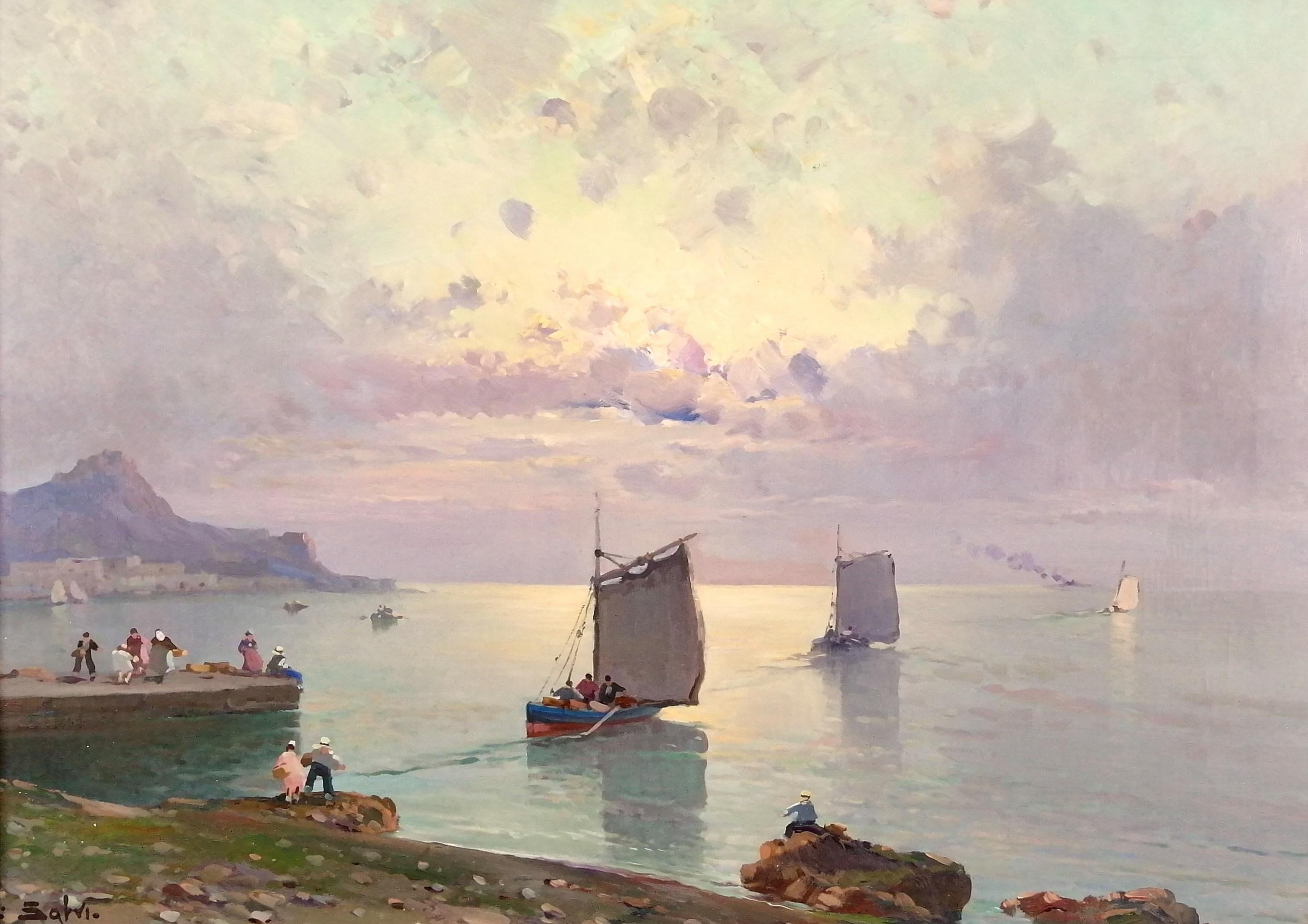Sonnenuntergang an der Küste - Italienische Meereslandschaft des frühen 20. Jahrhunderts, Öl auf Leinwand Gemälde – Painting von Luigi Salvi