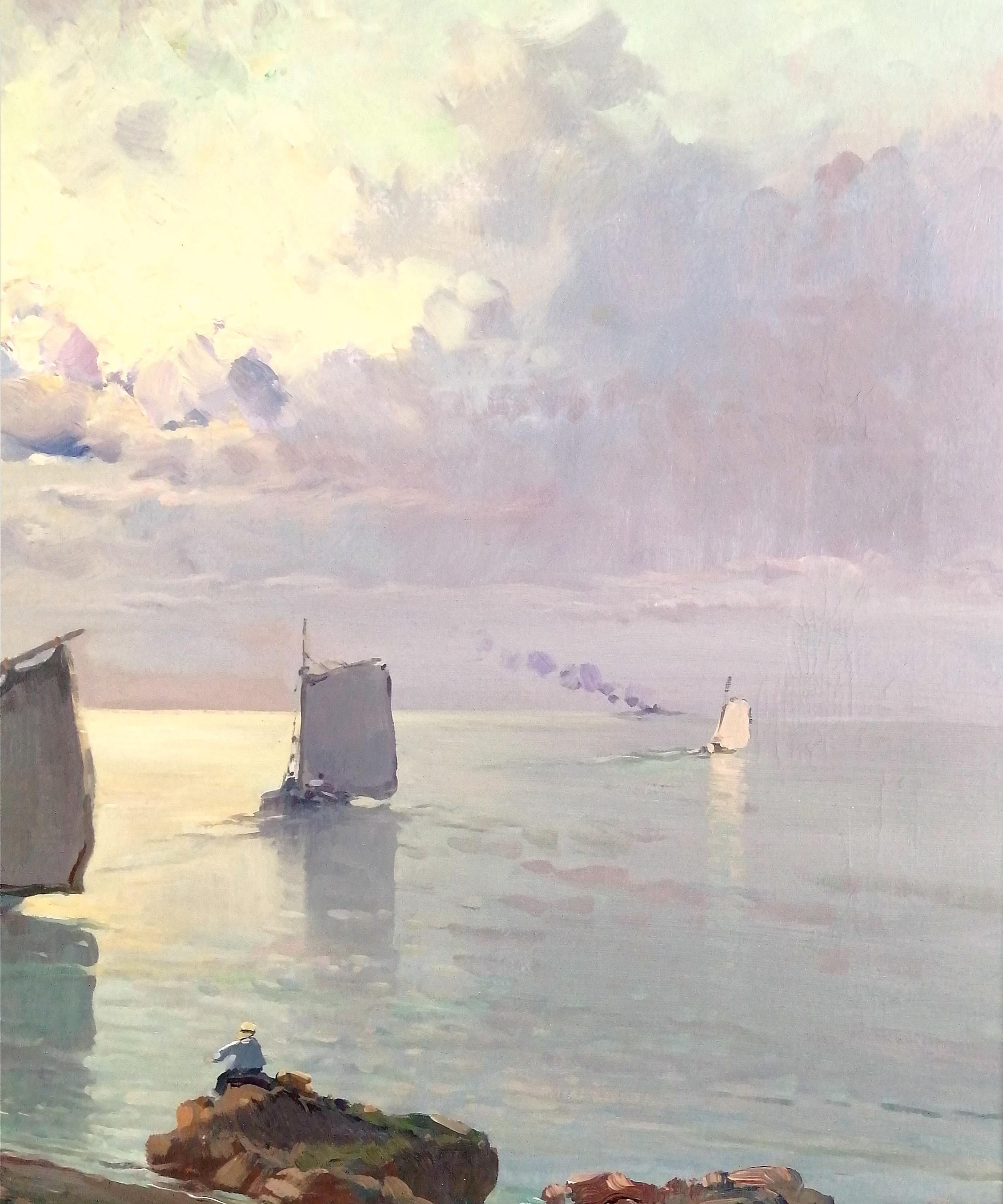 Sunset on the Coast - Early 20th Century Italian Seascape Oil on Canvas Painting For Sale 1