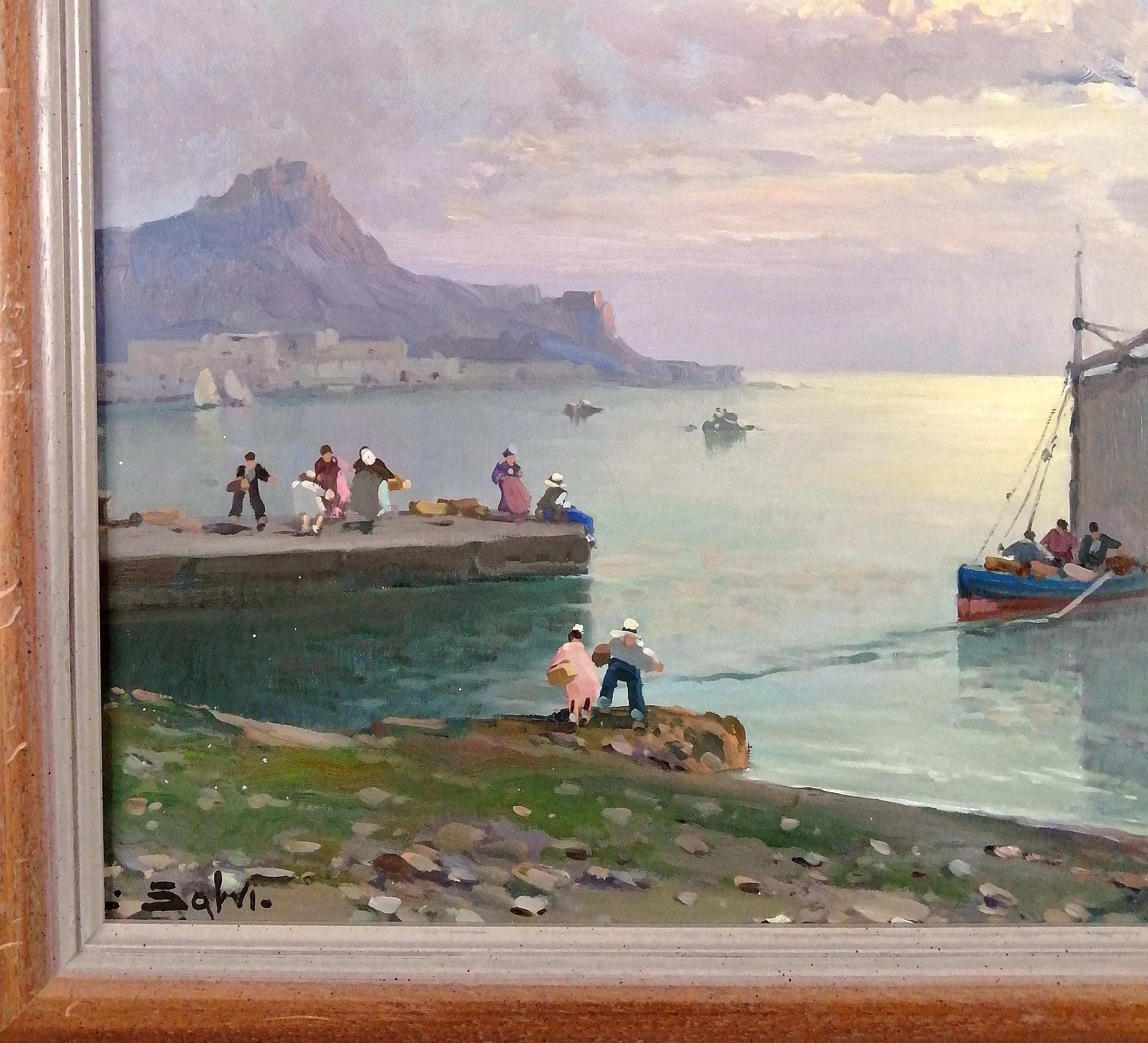 Sunset on the Coast - Early 20th Century Italian Seascape Oil on Canvas Painting For Sale 4