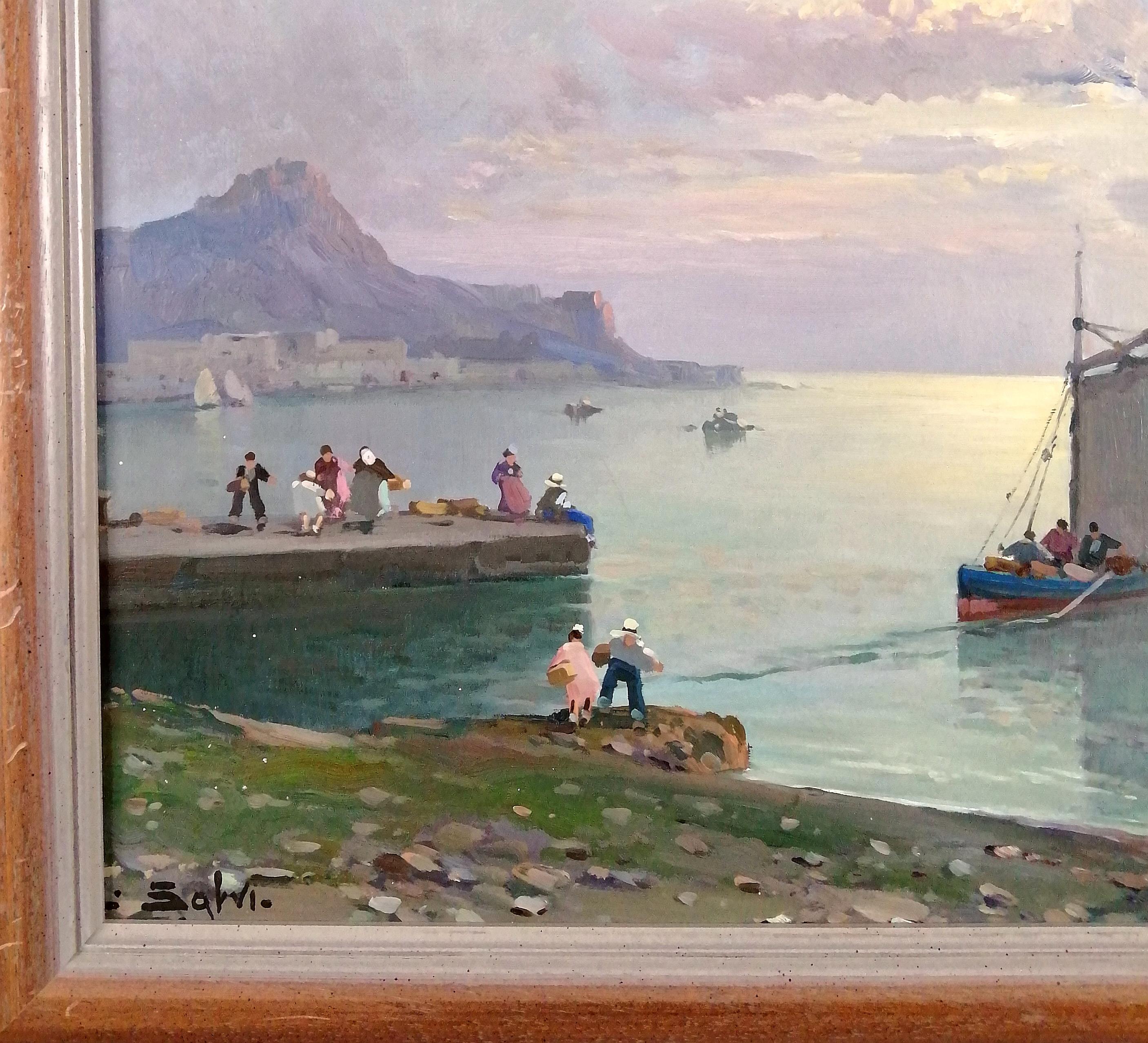Tramonto sulla costa - Paesaggio marino italiano del primo Novecento dipinto su tela in vendita 3