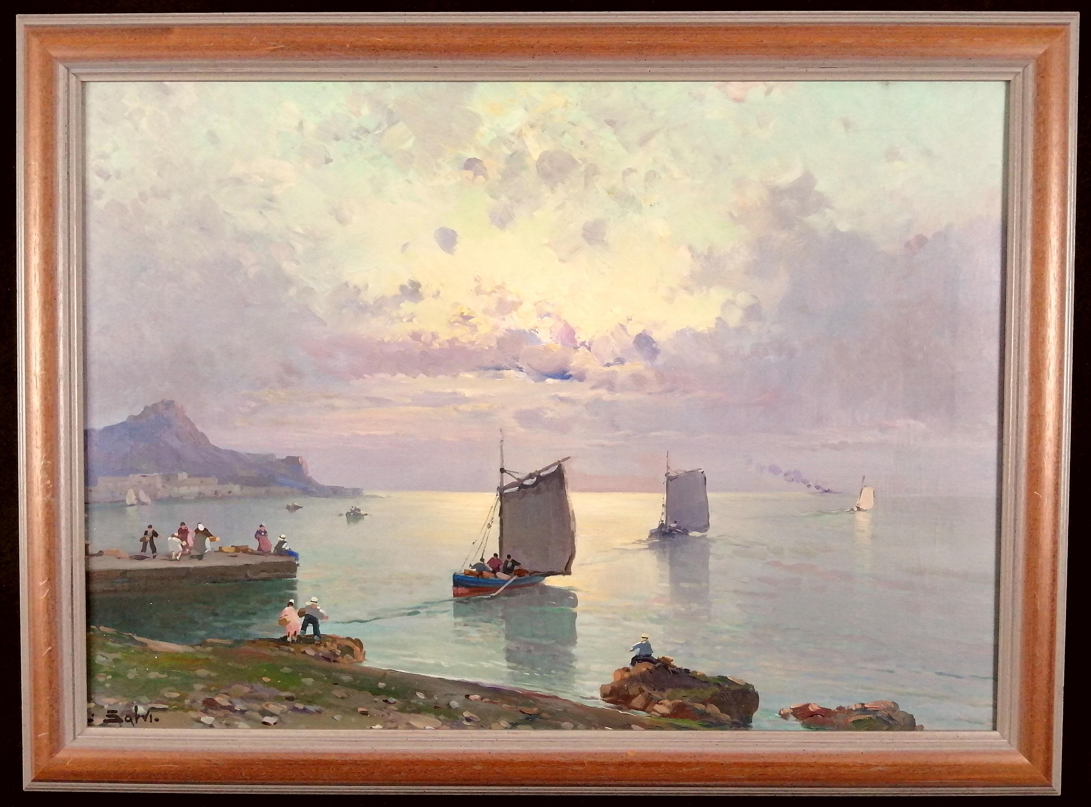 Luigi Salvi Landscape Painting – Sonnenuntergang an der Küste - Italienische Meereslandschaft des frühen 20. Jahrhunderts, Öl auf Leinwand Gemälde