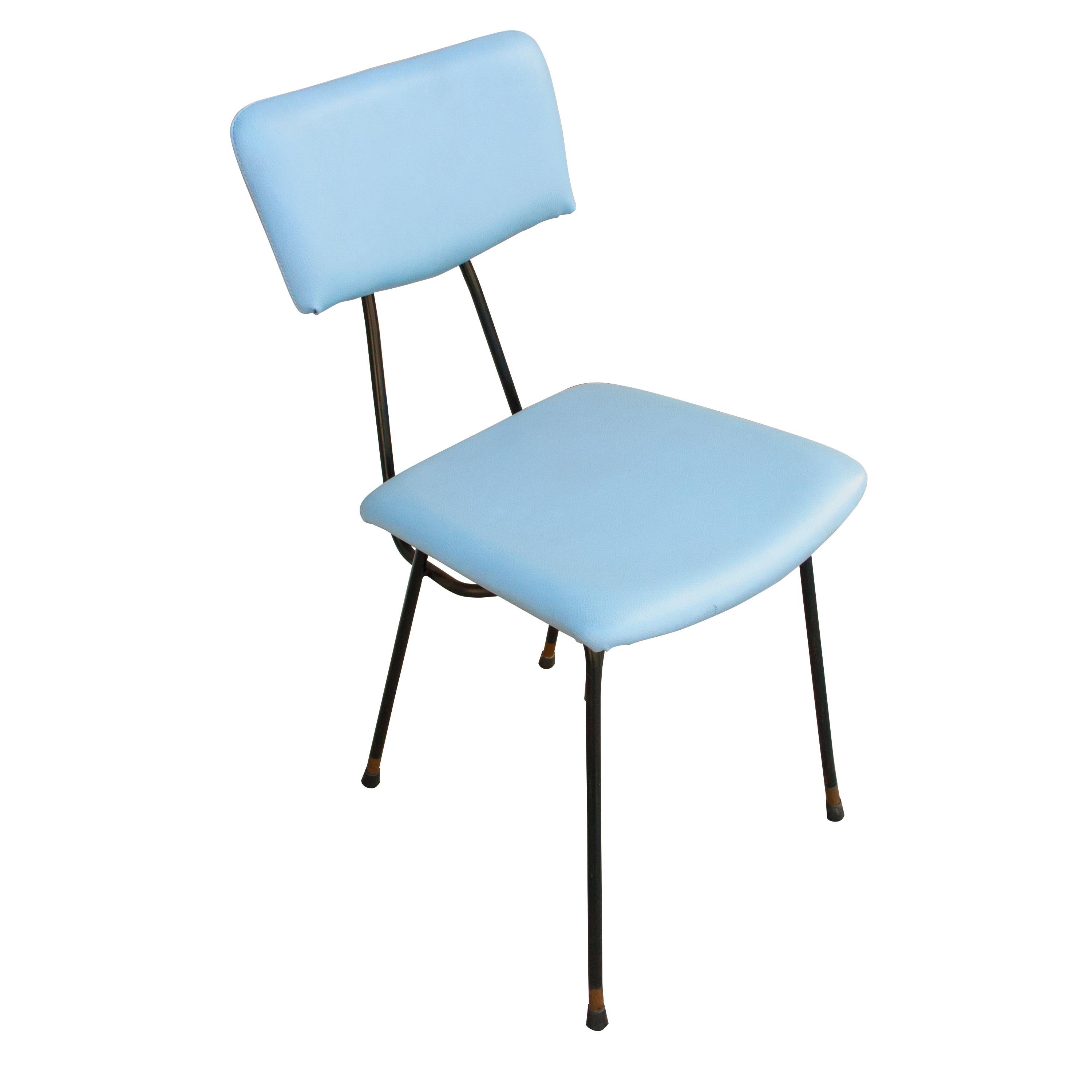 Set of ten Italian chairs designed by Luigi Scremin (1897-1983). They are compose of a black lacquered structure made of curved iron rod with handmade upholstery in light blue synthetic leather over a wooden board.