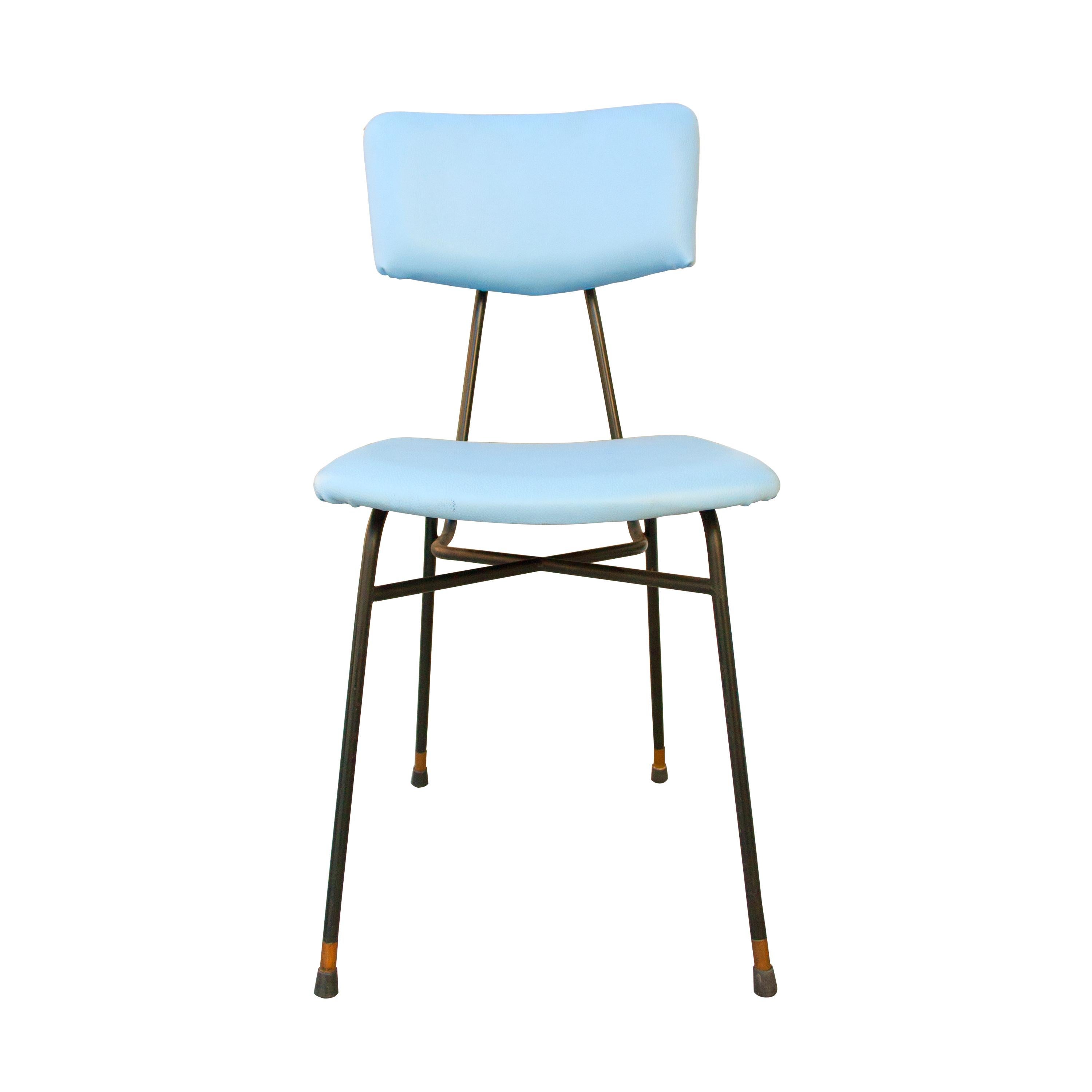 Mid-Century Modern Luigi Scremin 10 Chairs Set Blue Leatherette and Melalic Structure, Italy, 1950 For Sale