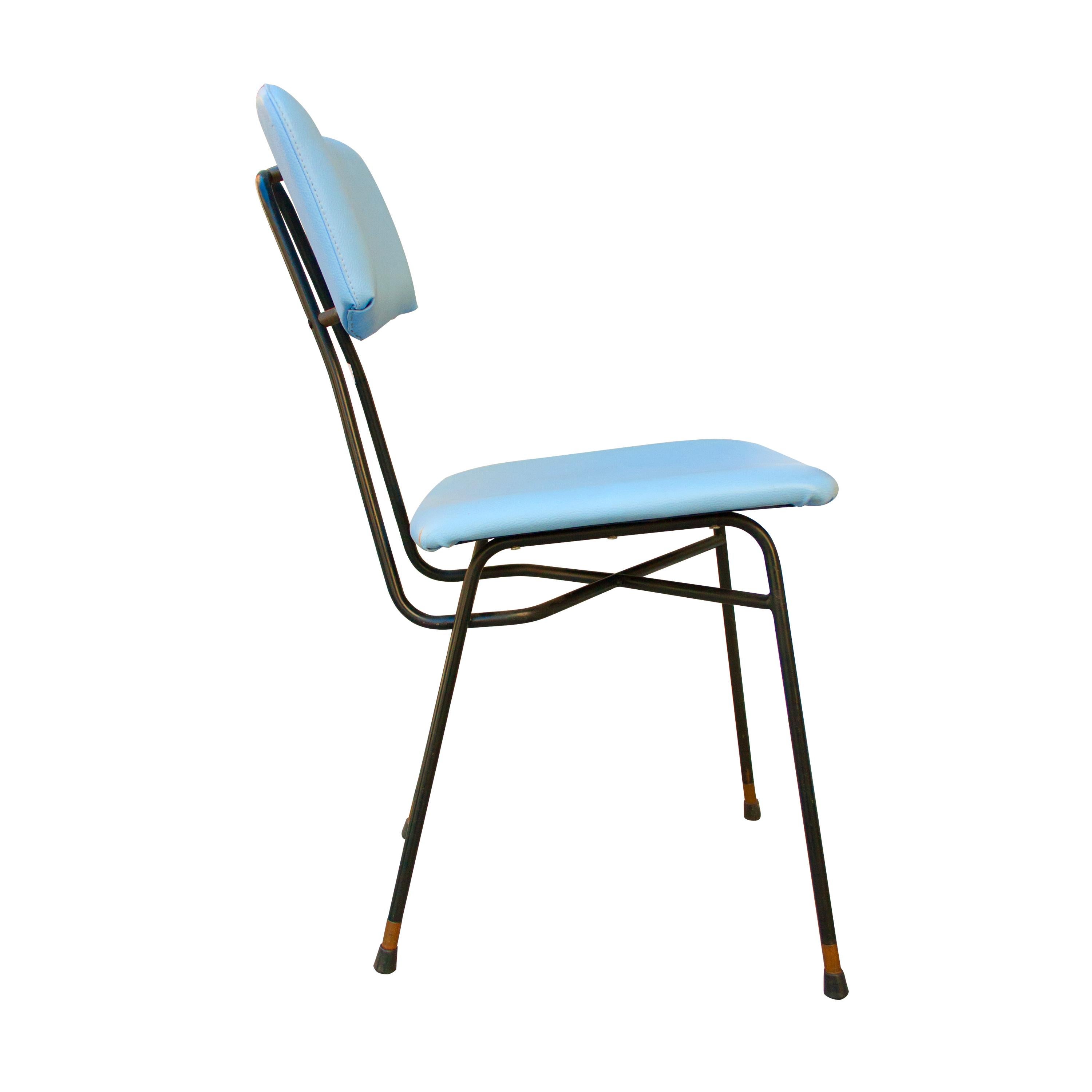Italian Luigi Scremin 10 Chairs Set Blue Leatherette and Melalic Structure, Italy, 1950 For Sale