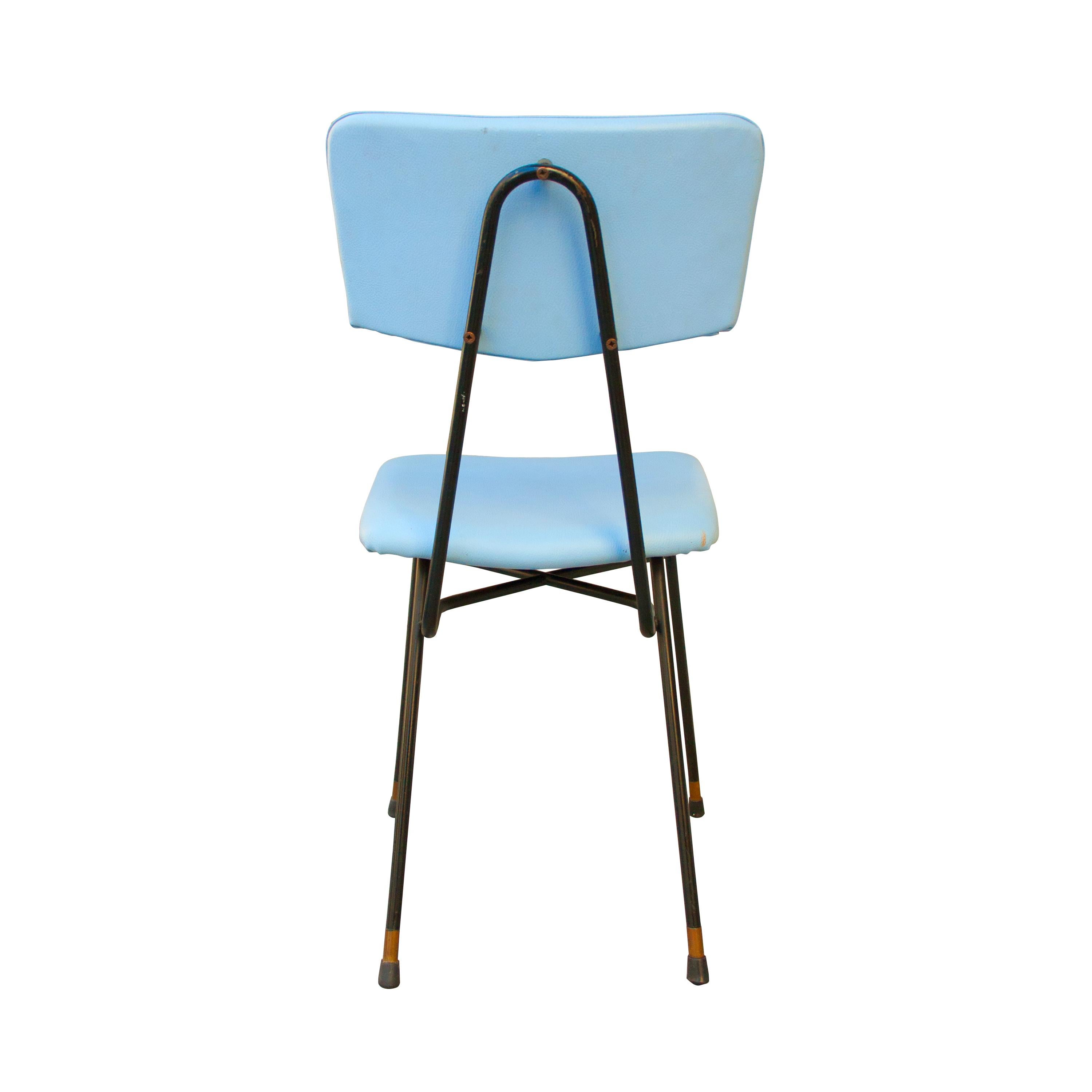 Lacquered Luigi Scremin 10 Chairs Set Blue Leatherette and Melalic Structure, Italy, 1950 For Sale