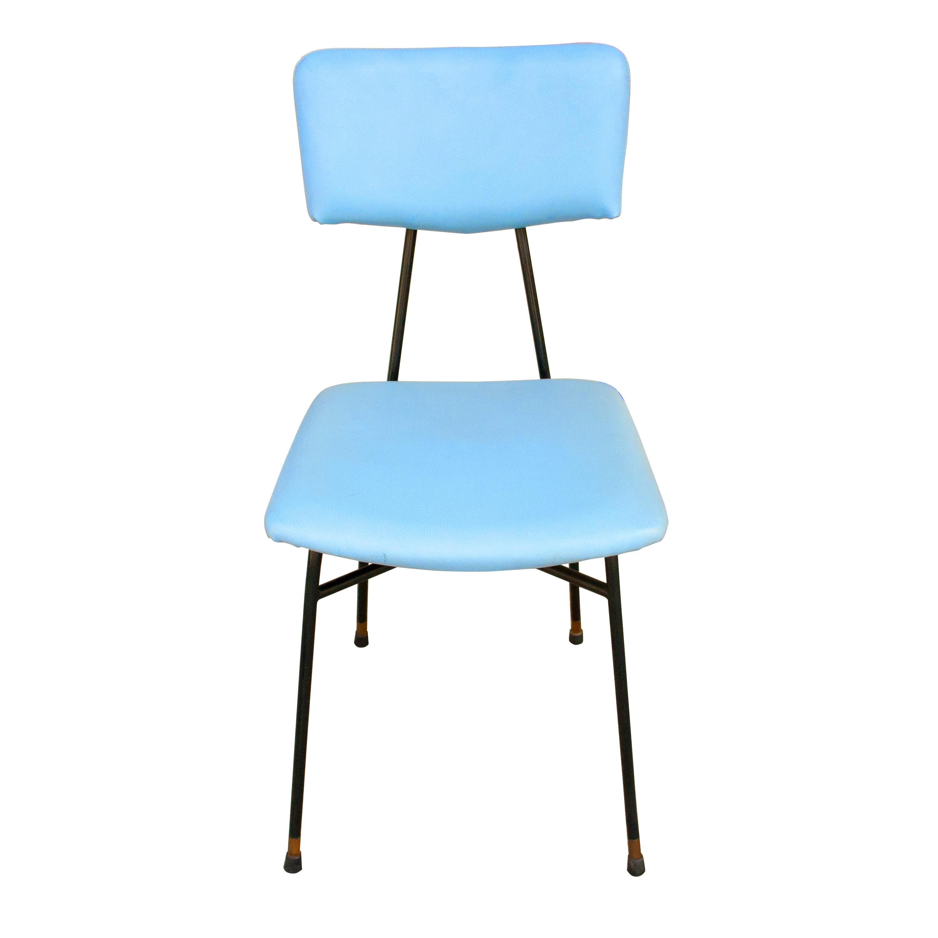 Faux Leather Luigi Scremin 10 Chairs Set Blue Leatherette and Melalic Structure, Italy, 1950 For Sale