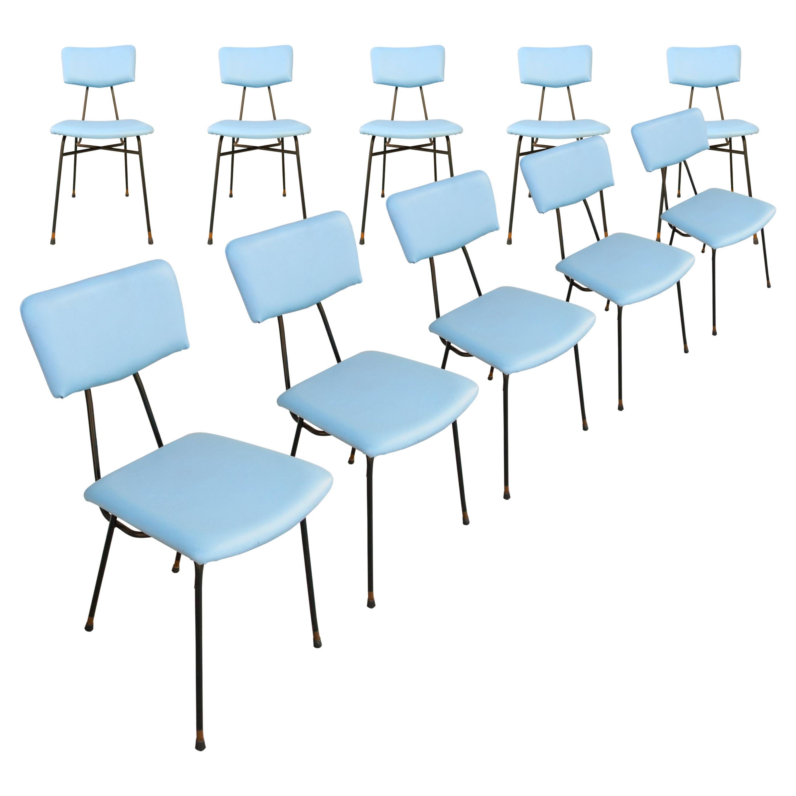 Luigi Scremin 10 Chairs Set Blue Leatherette and Melalic Structure, Italy, 1950 For Sale