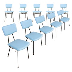Luigi Scremin 10 Chairs Set Blue Leatherette and Melalic Structure, Italy, 1950