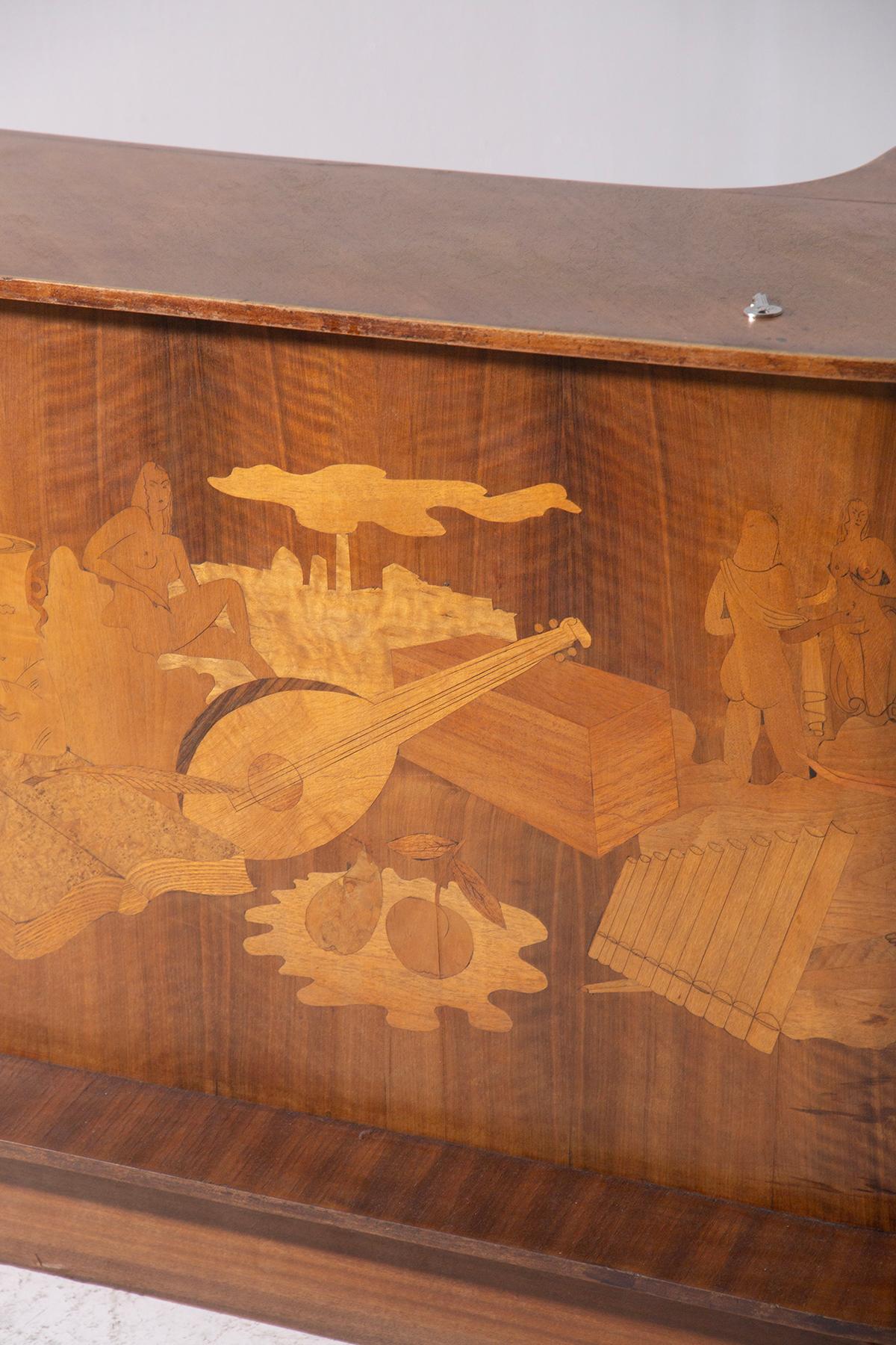 Wood Luigi Scremin Corner italian bar table or desk with inlays For Sale