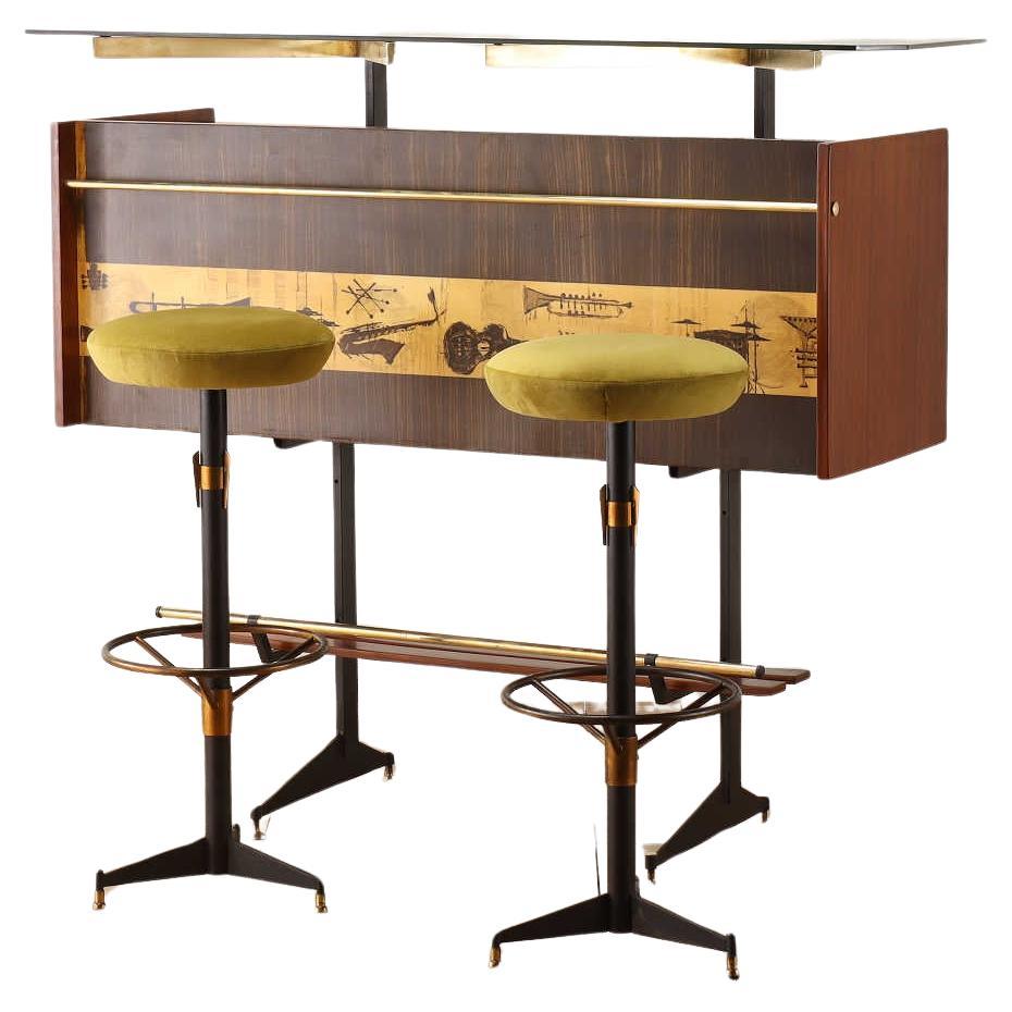 Luigi Scremin For La Permanente Mobili Cantu Bar Counter With Stools 1960's