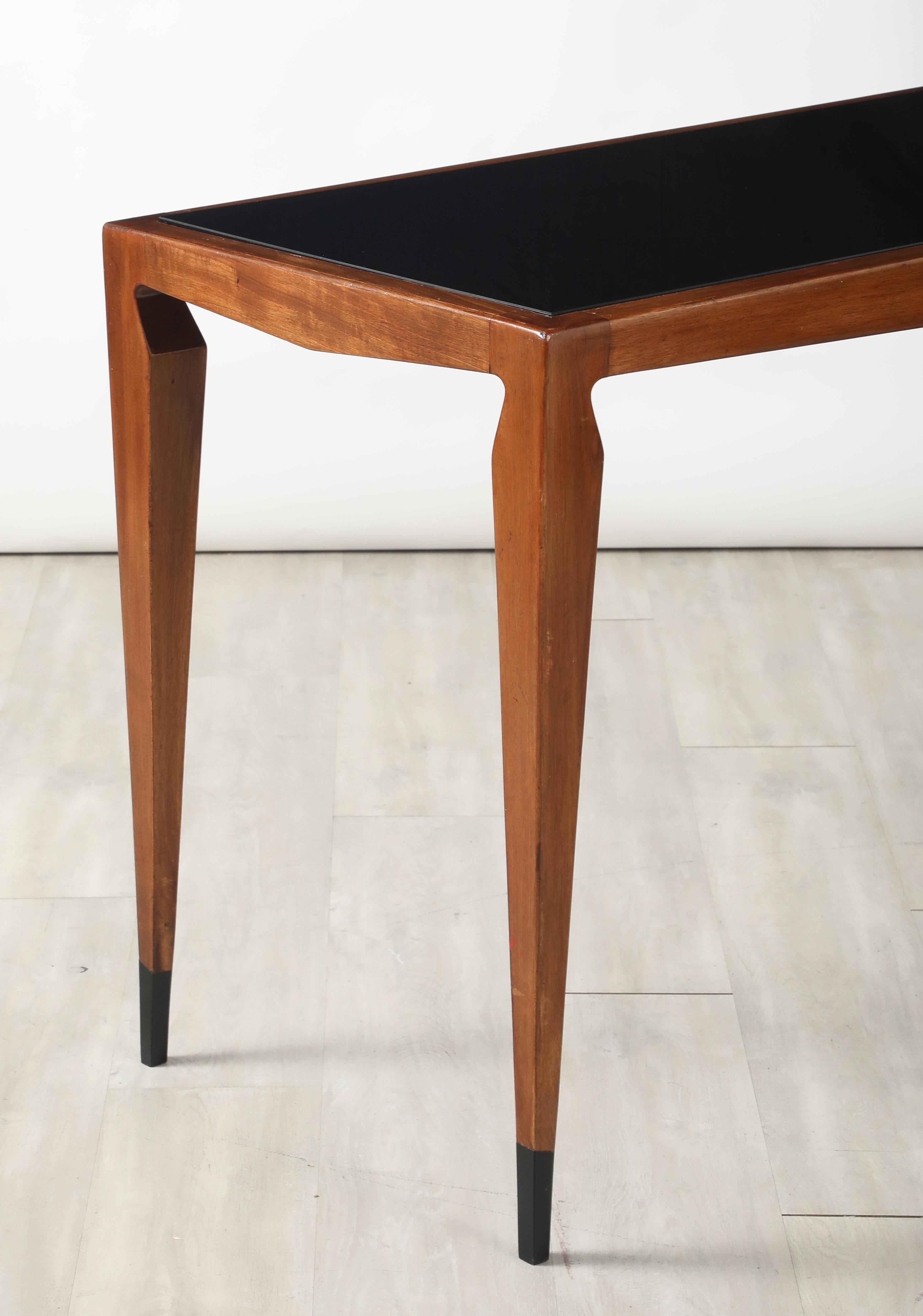 Luigi Scremin Italian Walnut and Black Glass Console Table, Italy, circa 1940 For Sale 4