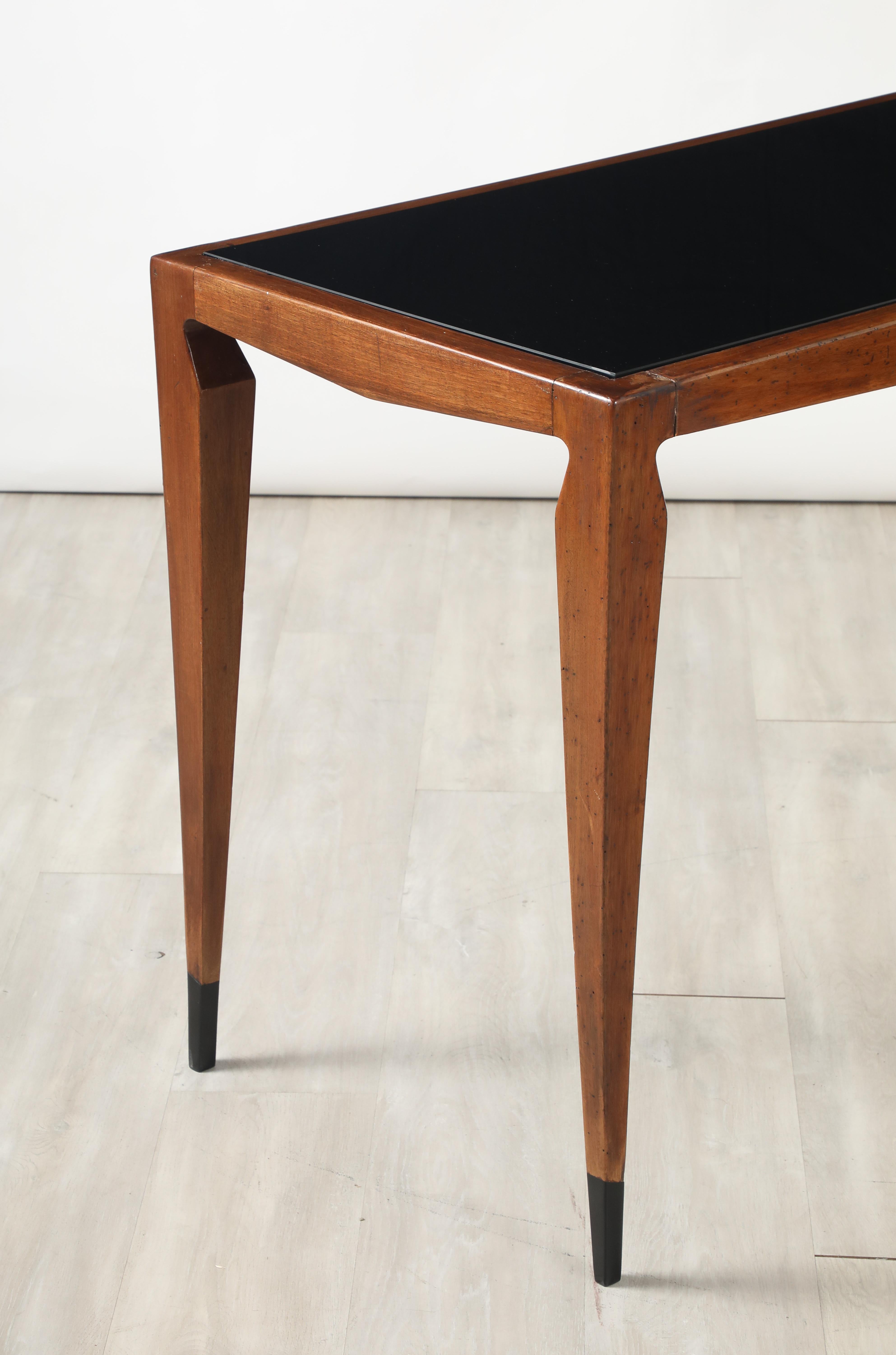 Luigi Scremin Italian Walnut and Black Glass Console Table, Italy, circa 1940 For Sale 10