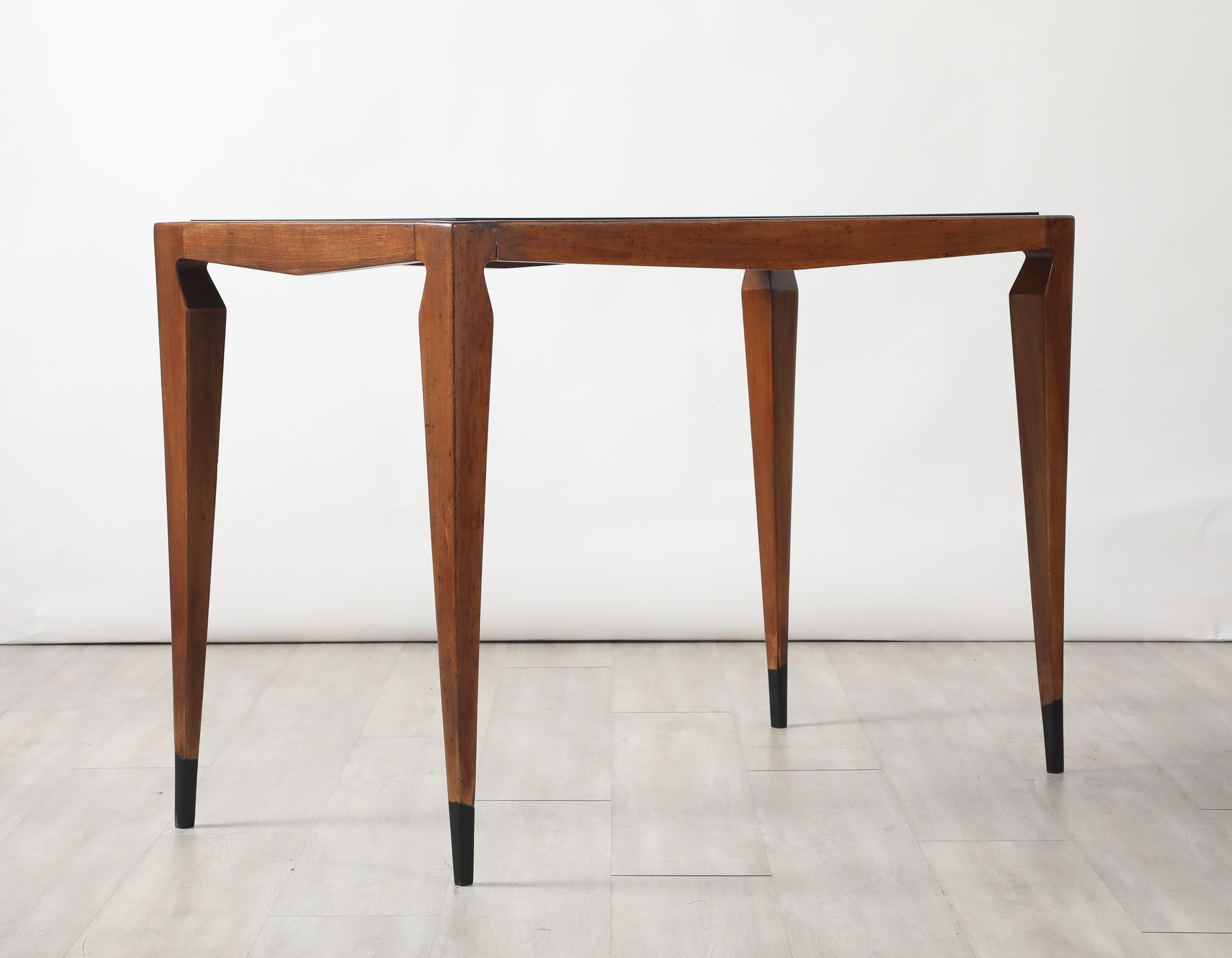 Luigi Scremin Italian Walnut and Black Glass Console Table, Italy, circa 1940 For Sale 11