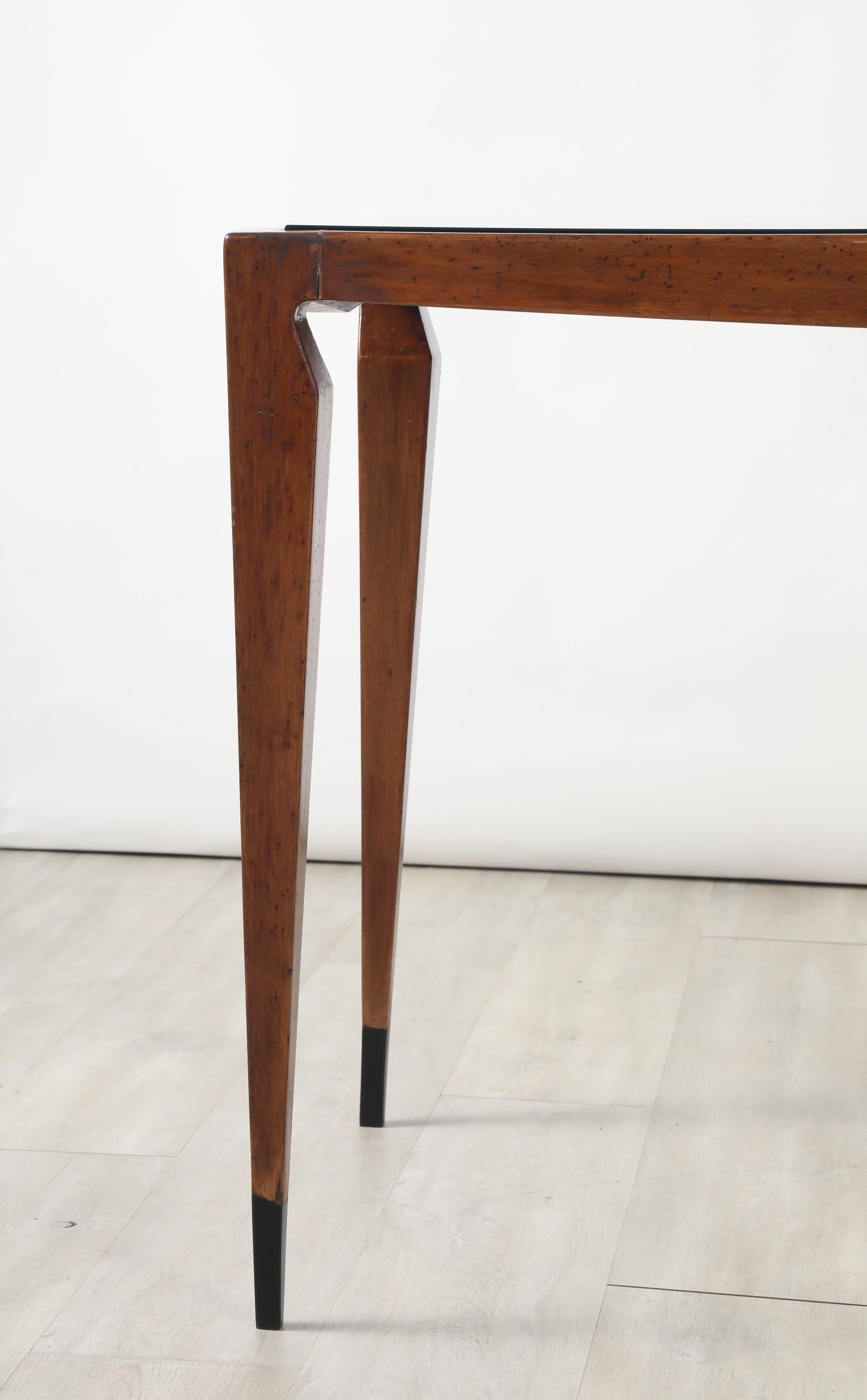 Luigi Scremin Italian Walnut and Black Glass Console Table, Italy, circa 1940 For Sale 12