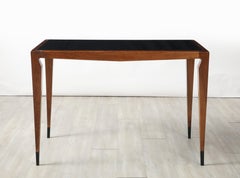 Luigi Scremin Italian Walnut and Black Glass Console Table, Italy, circa 1940