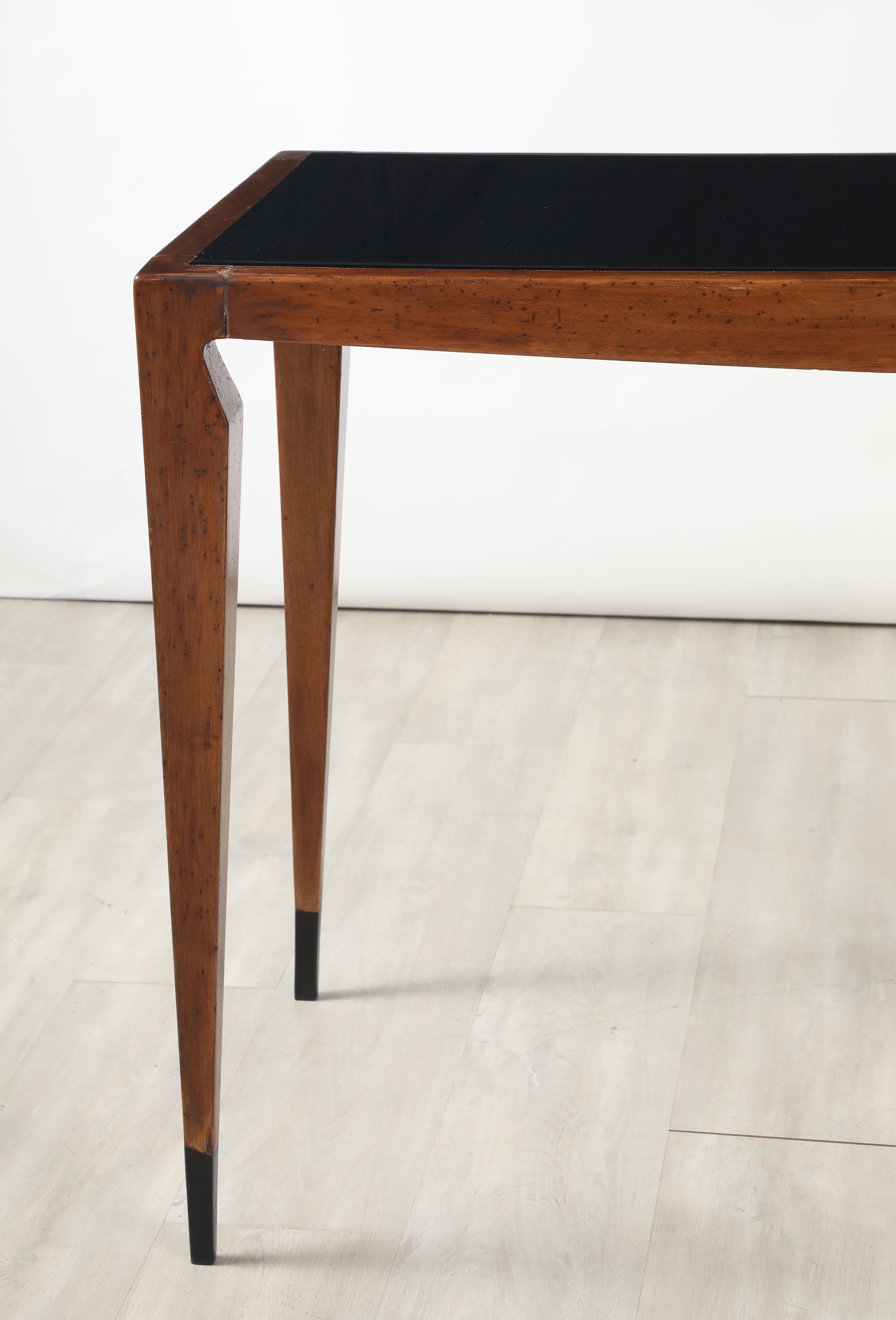 Art Deco Luigi Scremin Italian Walnut and Black Glass Console Table, Italy, circa 1940 For Sale