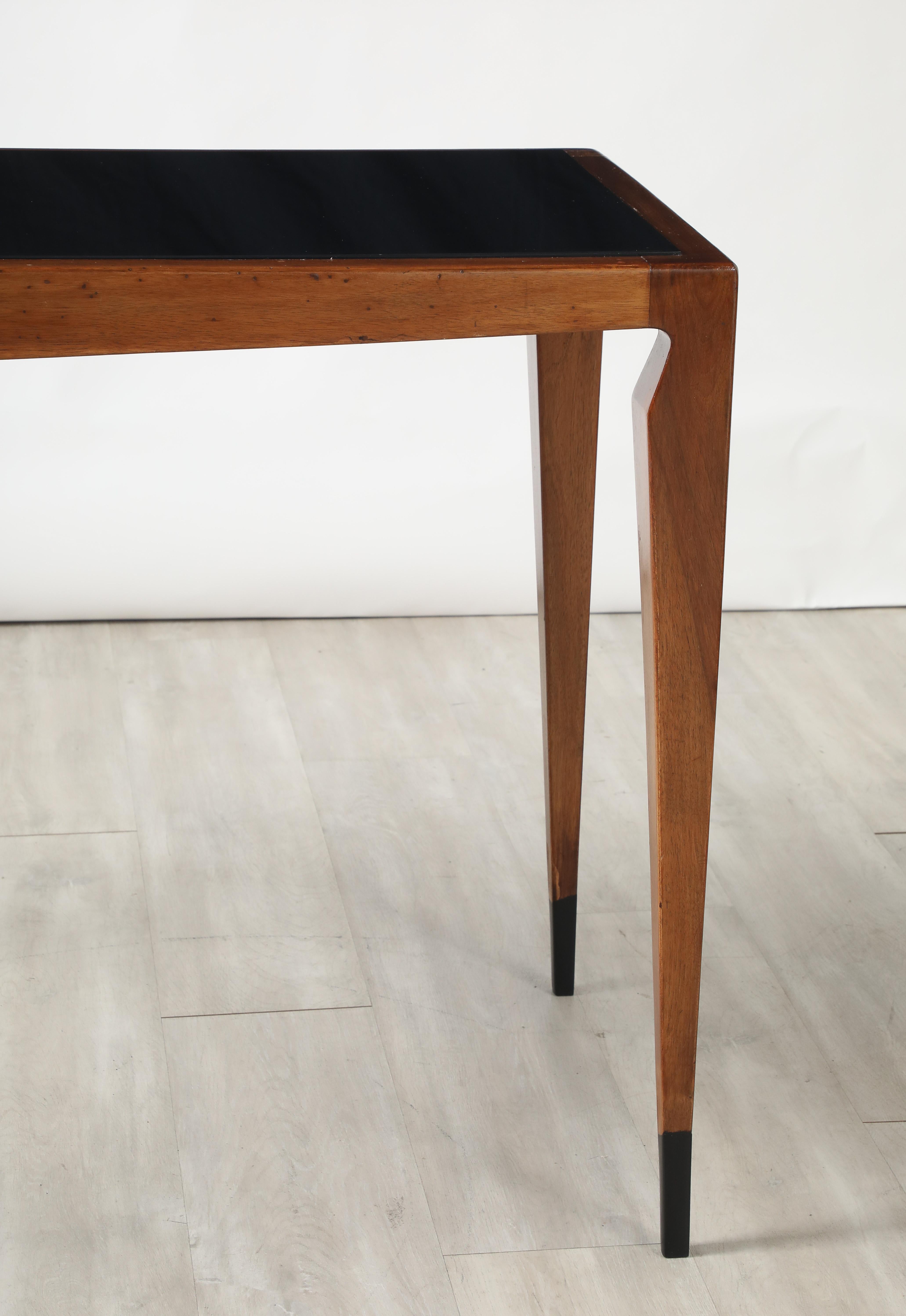 Carved Luigi Scremin Italian Walnut and Black Glass Console Table, Italy, circa 1940 For Sale