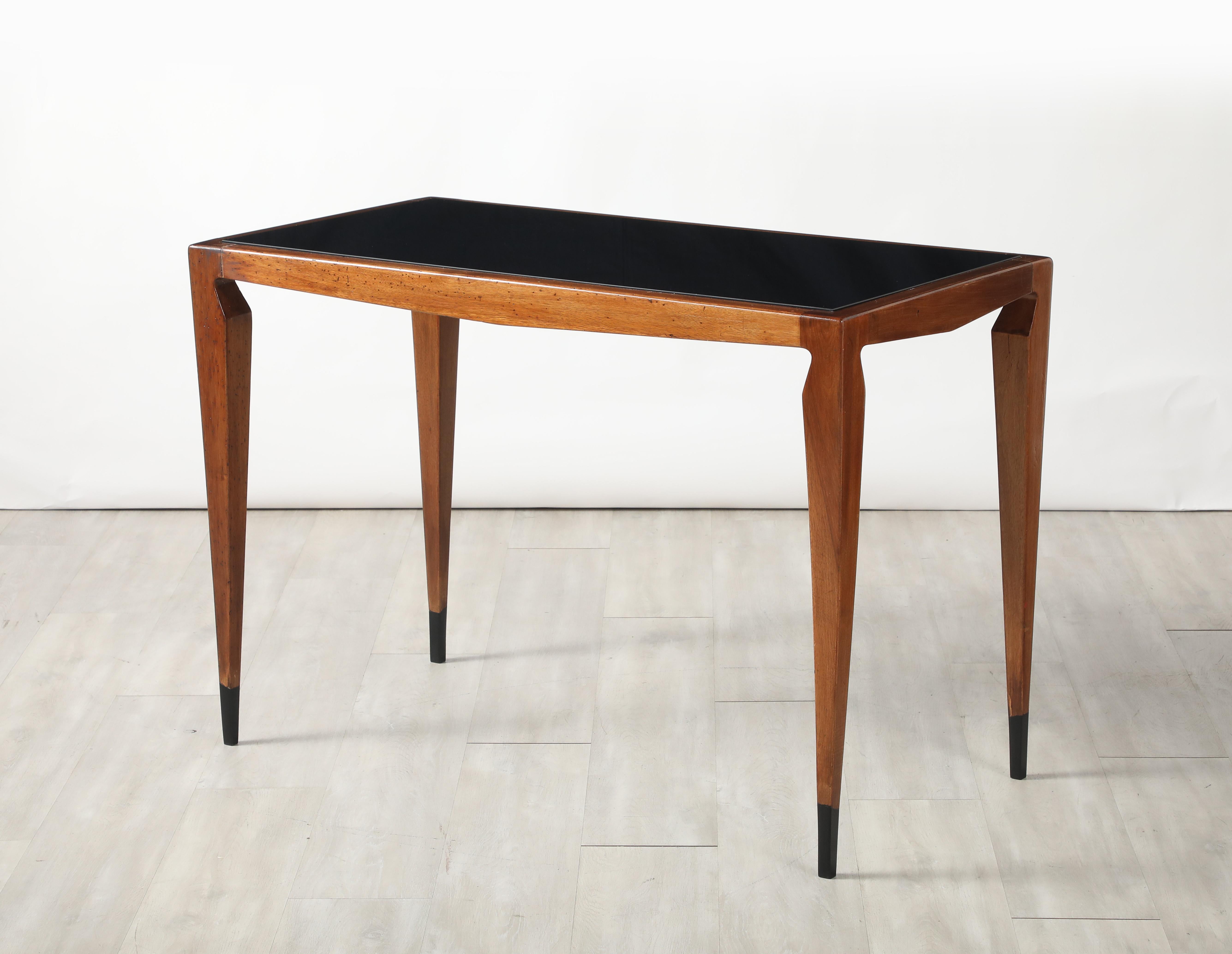 Luigi Scremin Italian Walnut and Black Glass Console Table, Italy, circa 1940 In Good Condition For Sale In New York, NY