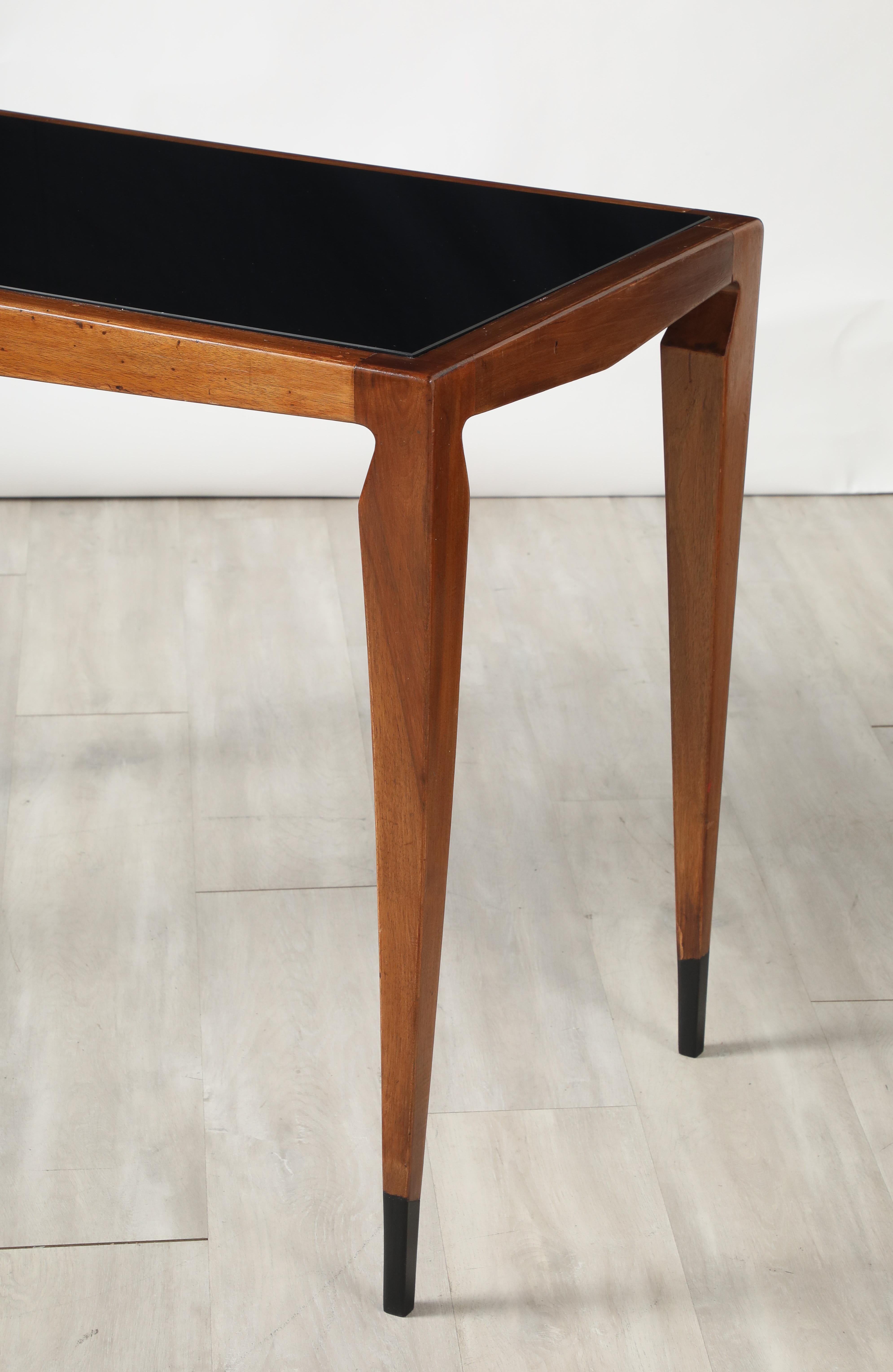 Mid-20th Century Luigi Scremin Italian Walnut and Black Glass Console Table, Italy, circa 1940 For Sale