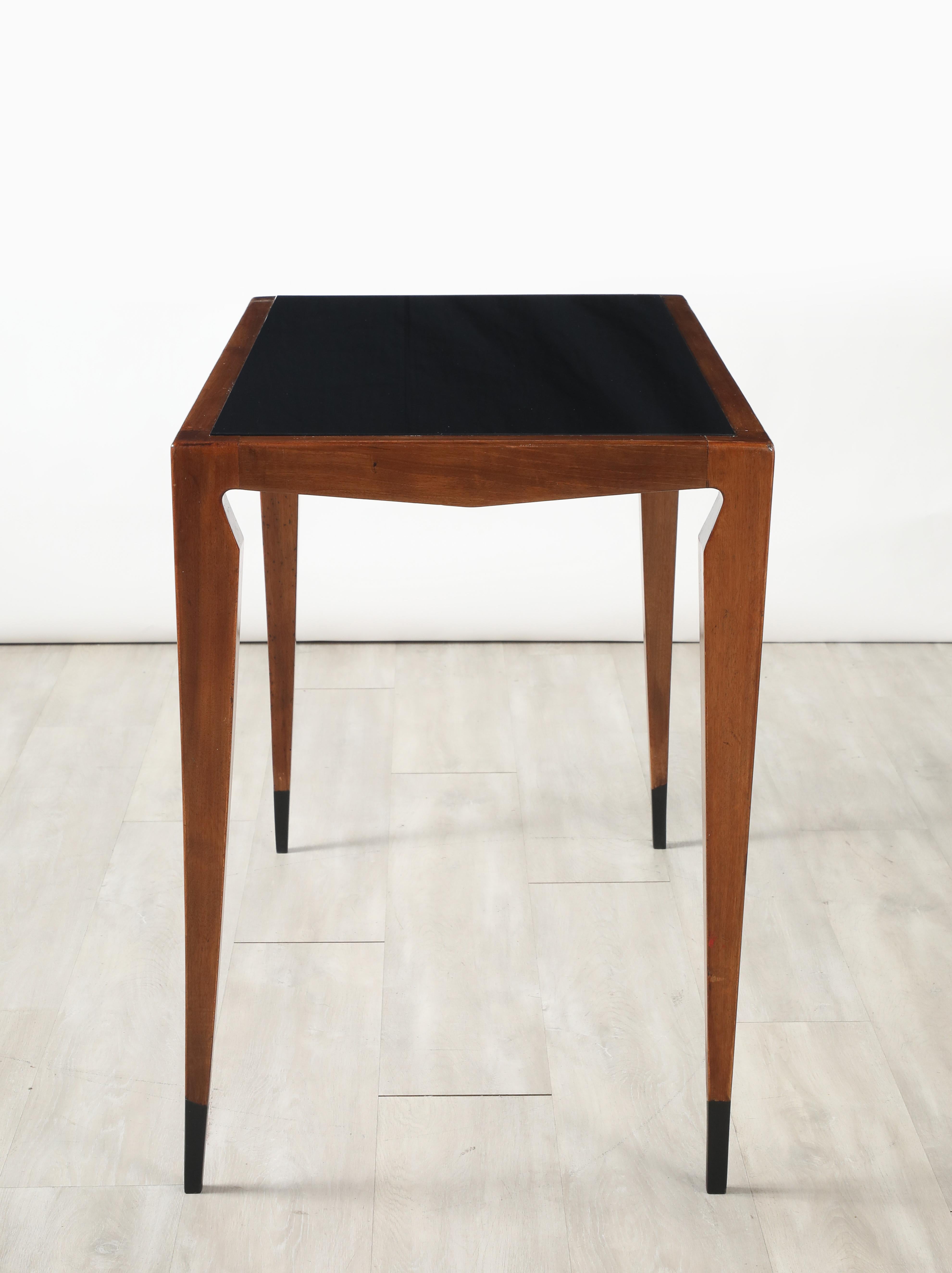 Luigi Scremin Italian Walnut and Black Glass Console Table, Italy, circa 1940 For Sale 1