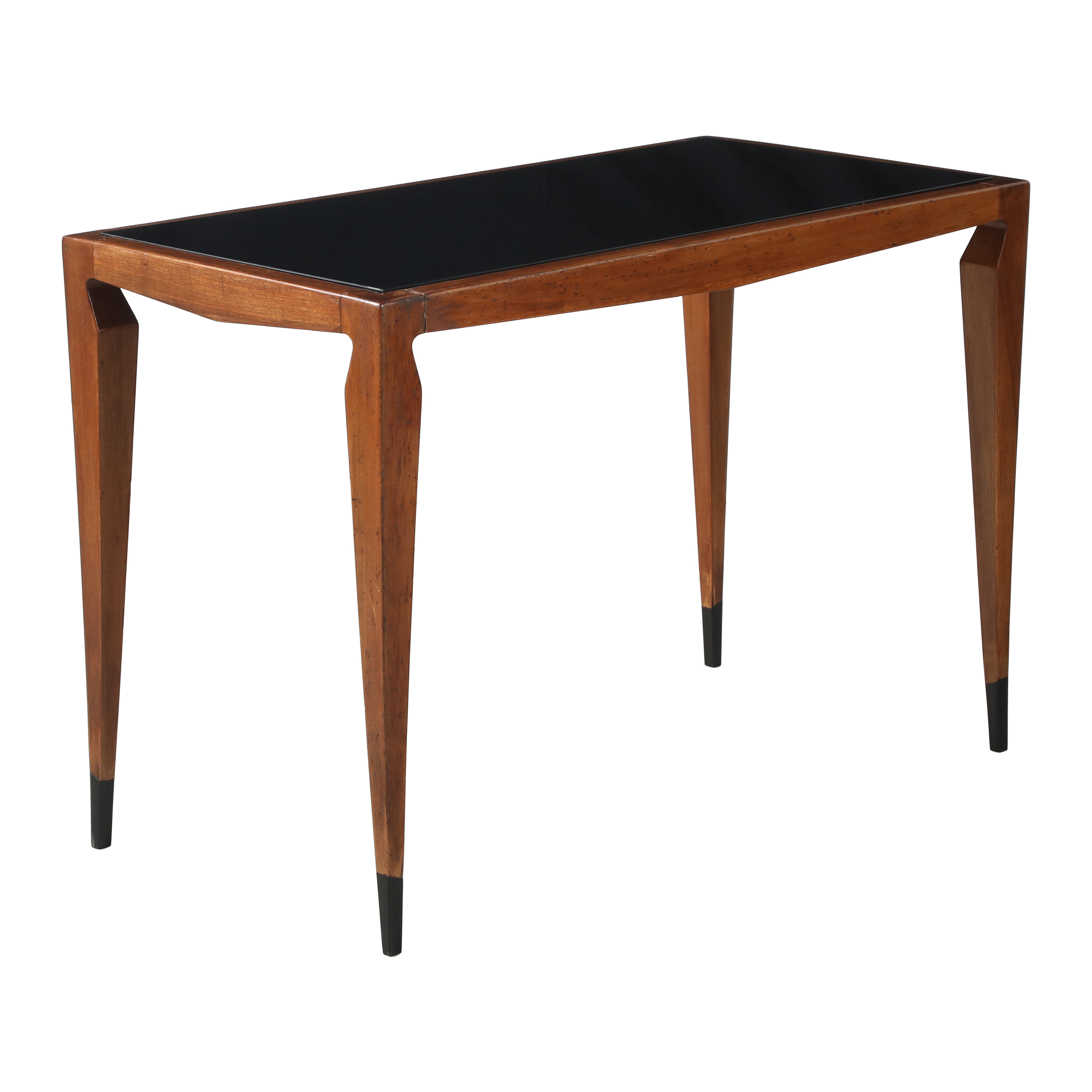 Luigi Scremin Italian Walnut and Black Glass Console Table, Italy, circa 1940 For Sale