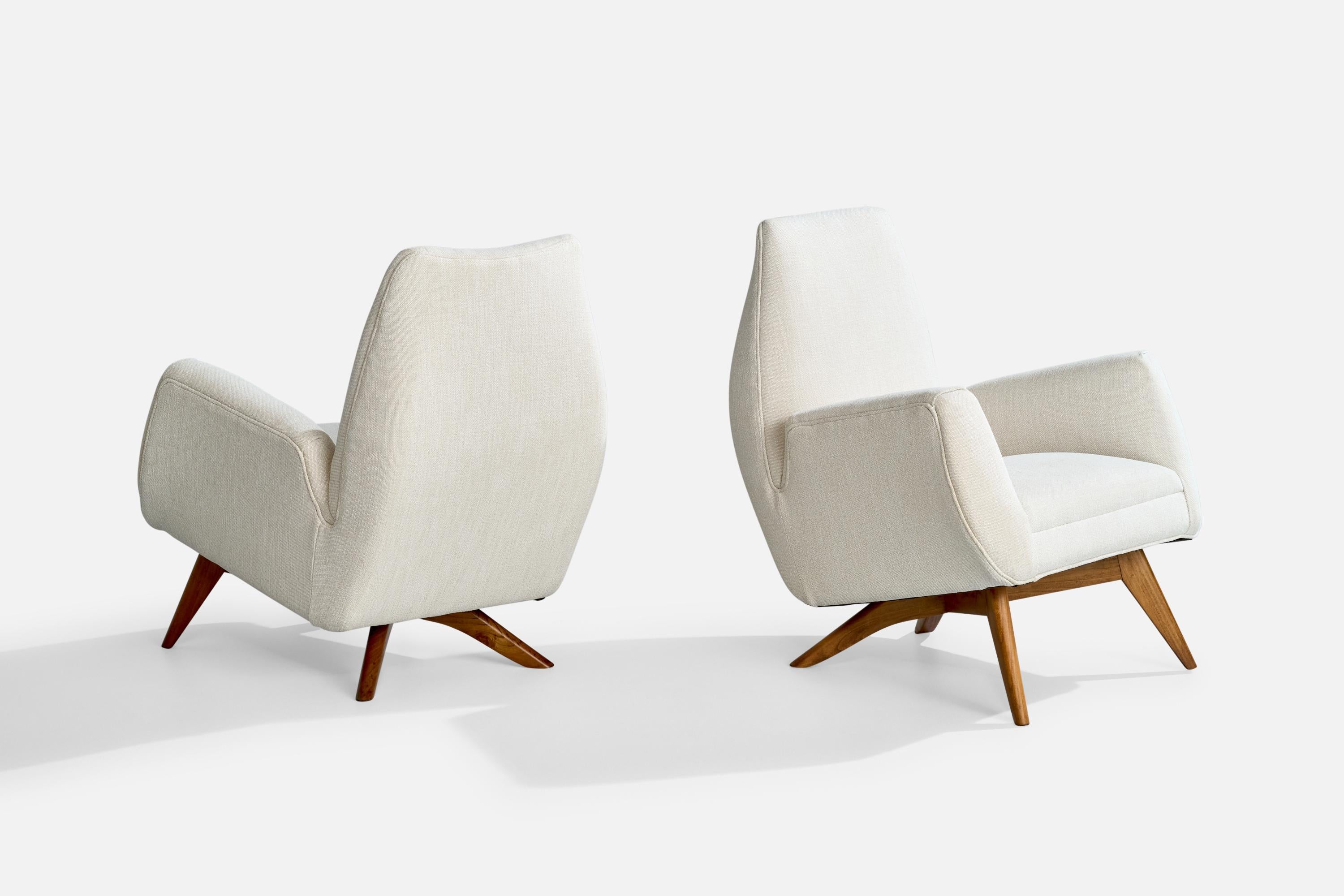 Italian Luigi Scremin, Lounge Chairs, Wood, Fabric, Italy, 1950s For Sale