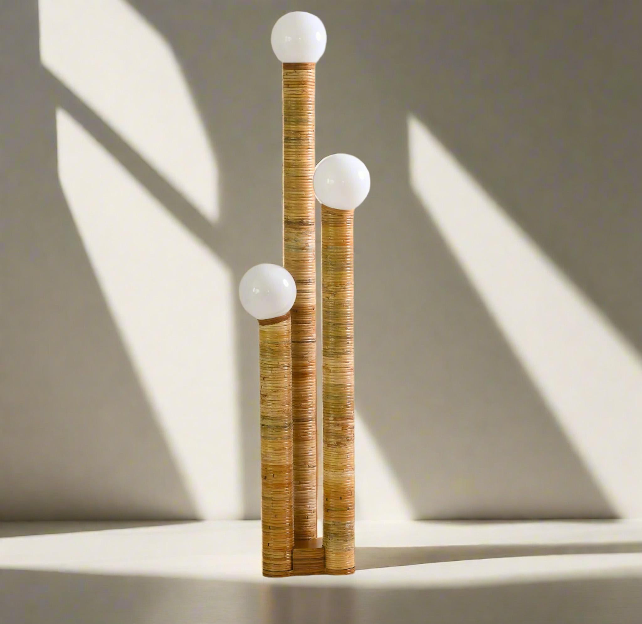 Presentamos la lámpara de pie Luigi Trio, una cautivadora fusión de belleza natural y elegancia moderna. Esta lujosa pieza presenta un rico acabado de ratán orgánico y tres elegantes luces en forma de cúpula, que la convierten en un impresionante