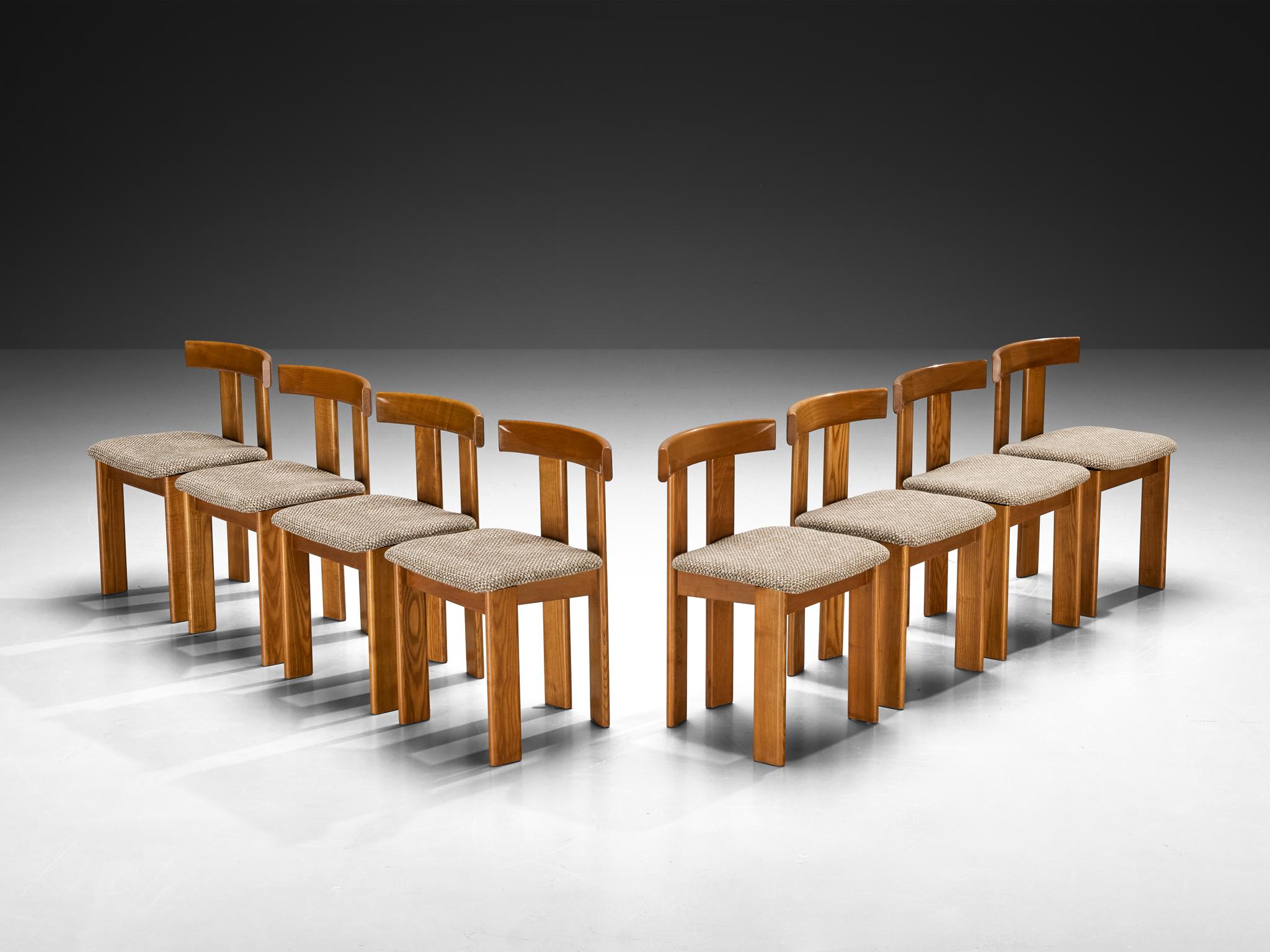 Luigi Vaghi for Former, set of eight, ash, fabric, Italy, 1960s

A characteristic 'T-chair' design; simplistic yet very strong in lines and proportions. Wonderful dynamic frame executed in ash, whereby the rear legs are installed closer to each