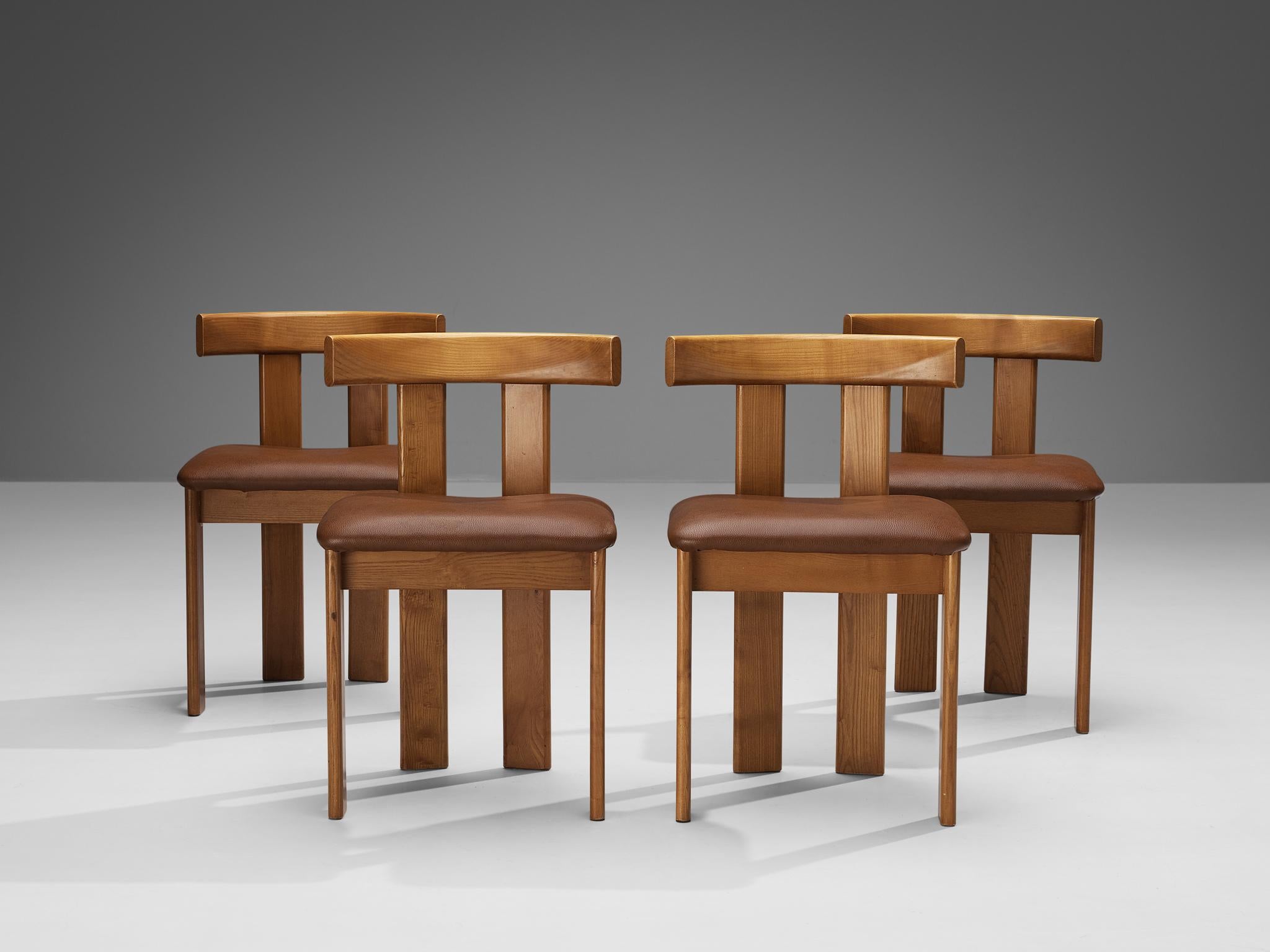 Italian Luigi Vaghi for Former Set of Four Dining Chairs in Ash with Brown Seats For Sale