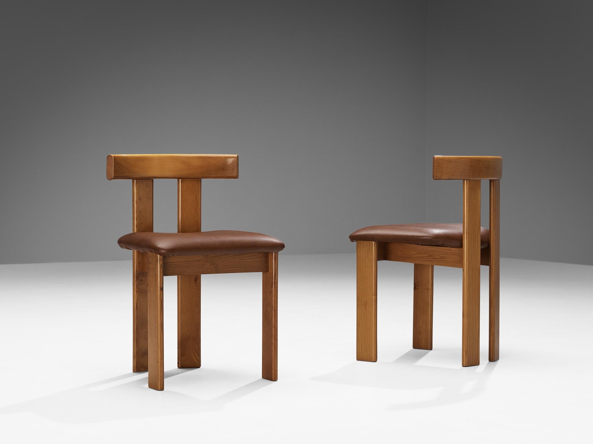 Mid-20th Century Luigi Vaghi for Former Set of Four Dining Chairs in Ash with Brown Seats For Sale