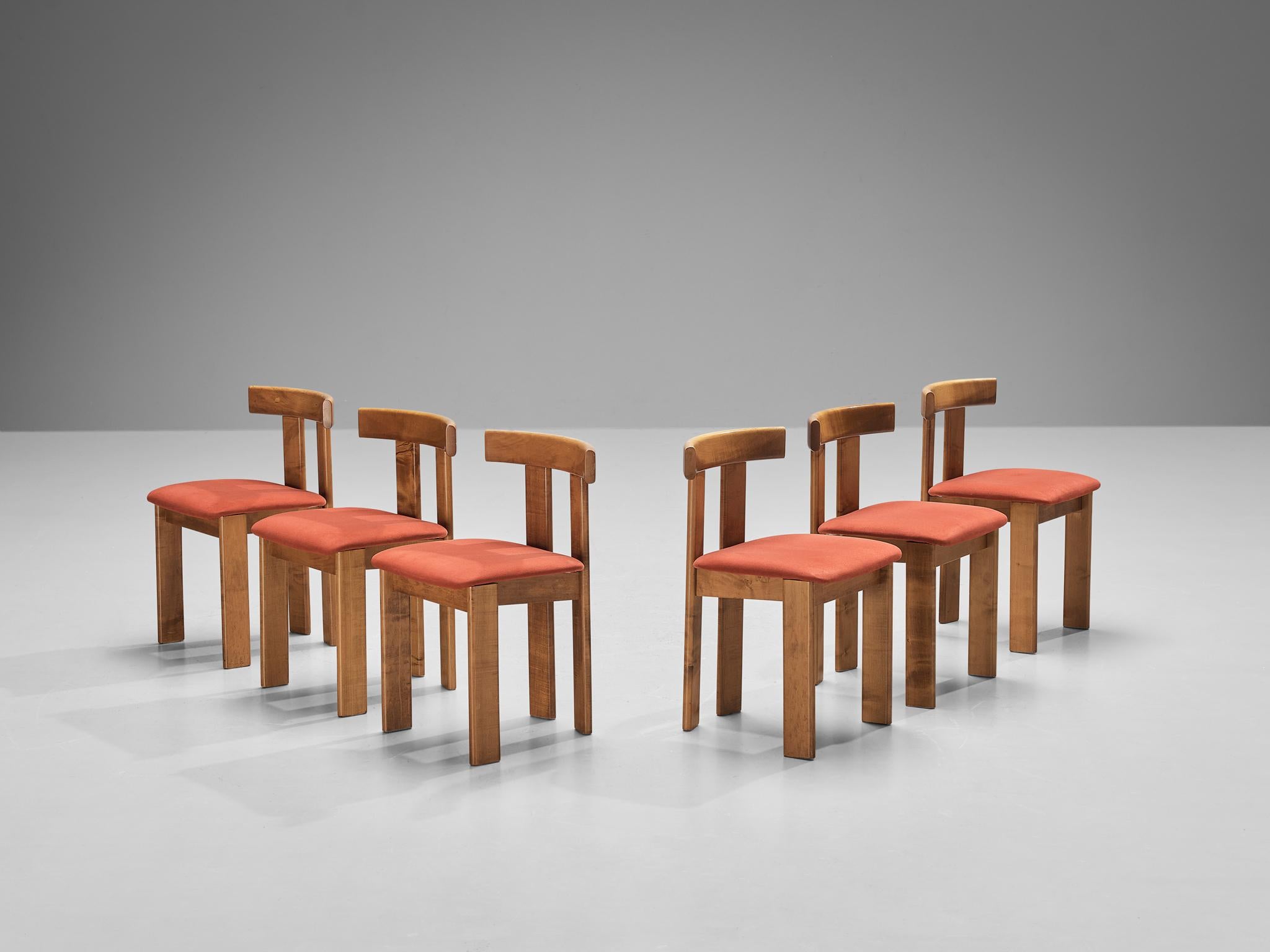 Luigi Vaghi for Former, set of six dining chairs, stained walnut, alcantara, Italy, 1960s. 

A characteristic 'T-chair' design; simplistic yet very strong in lines and proportions. Wonderful dynamic frame executed in walnut, whereby the rear legs
