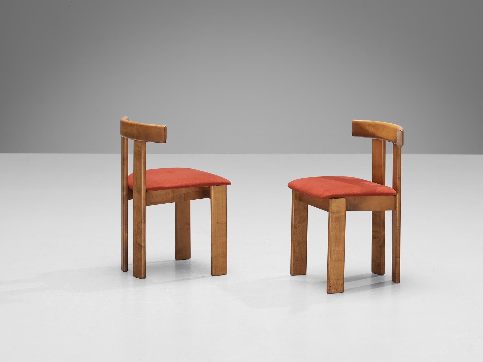 Mid-Century Modern Luigi Vaghi for Former Set of Six Dining Chairs in Walnut & Red Upholstery 