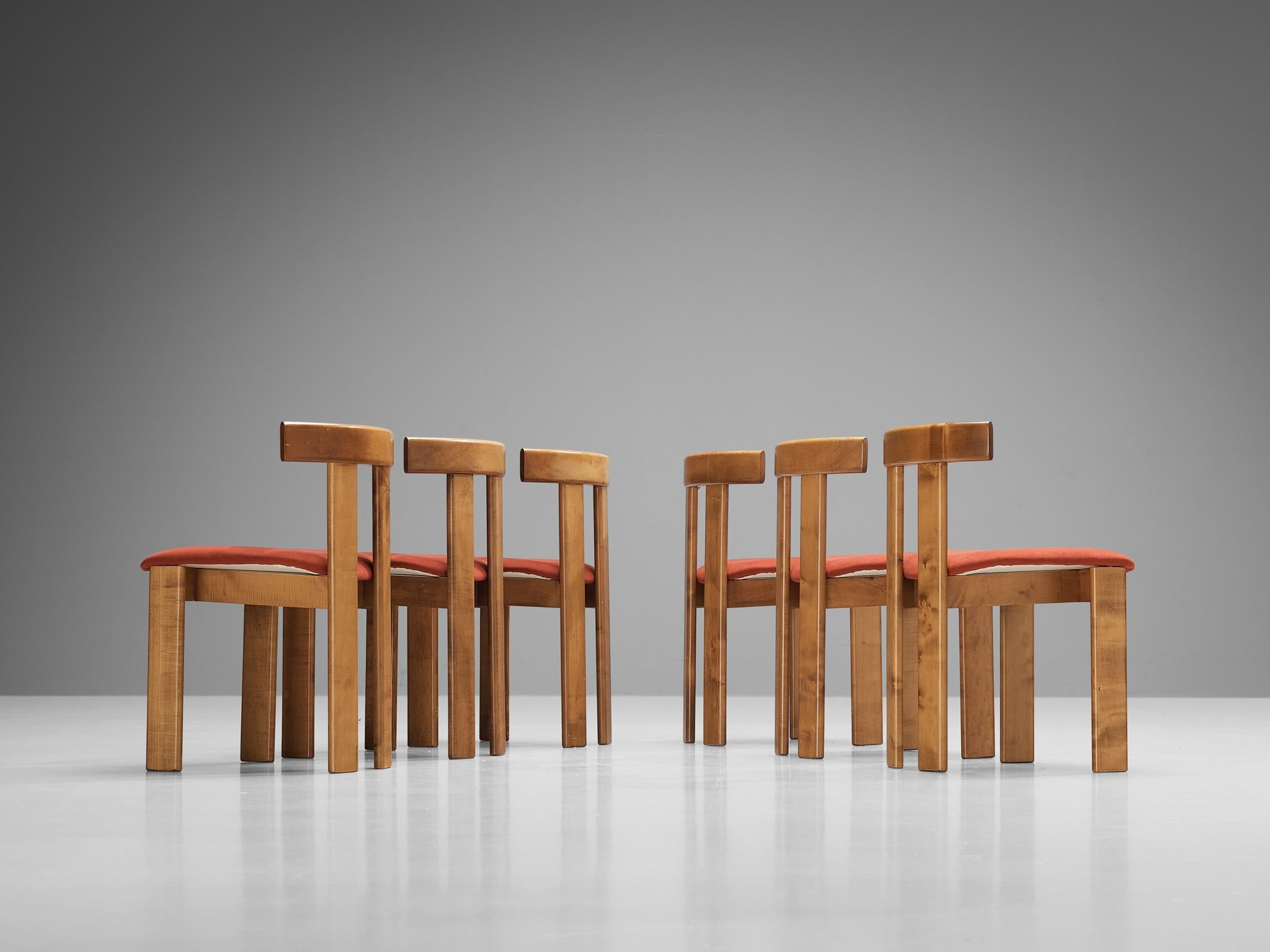 Luigi Vaghi for Former Set of Six Dining Chairs in Walnut & Red Upholstery  In Good Condition In Waalwijk, NL
