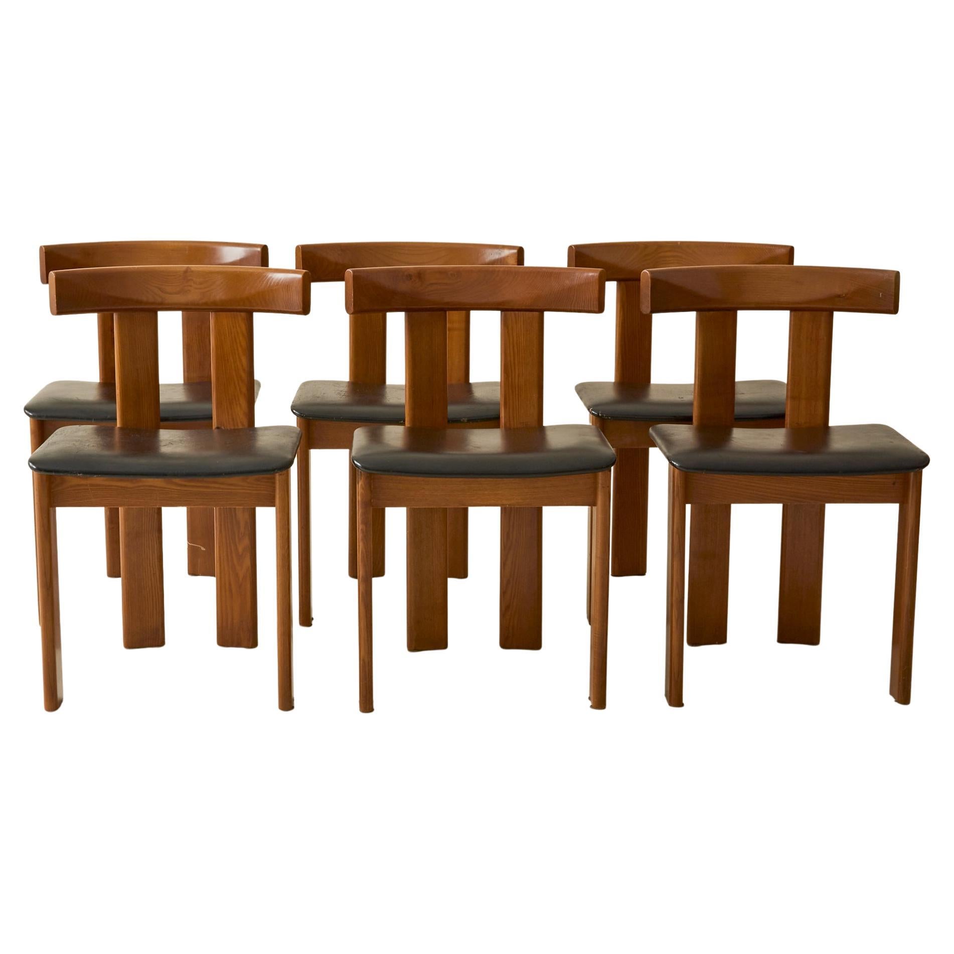 Luigi Vaghi Wood Dining Chairs With Black Seat, Set of 6, 1960
s Italy
