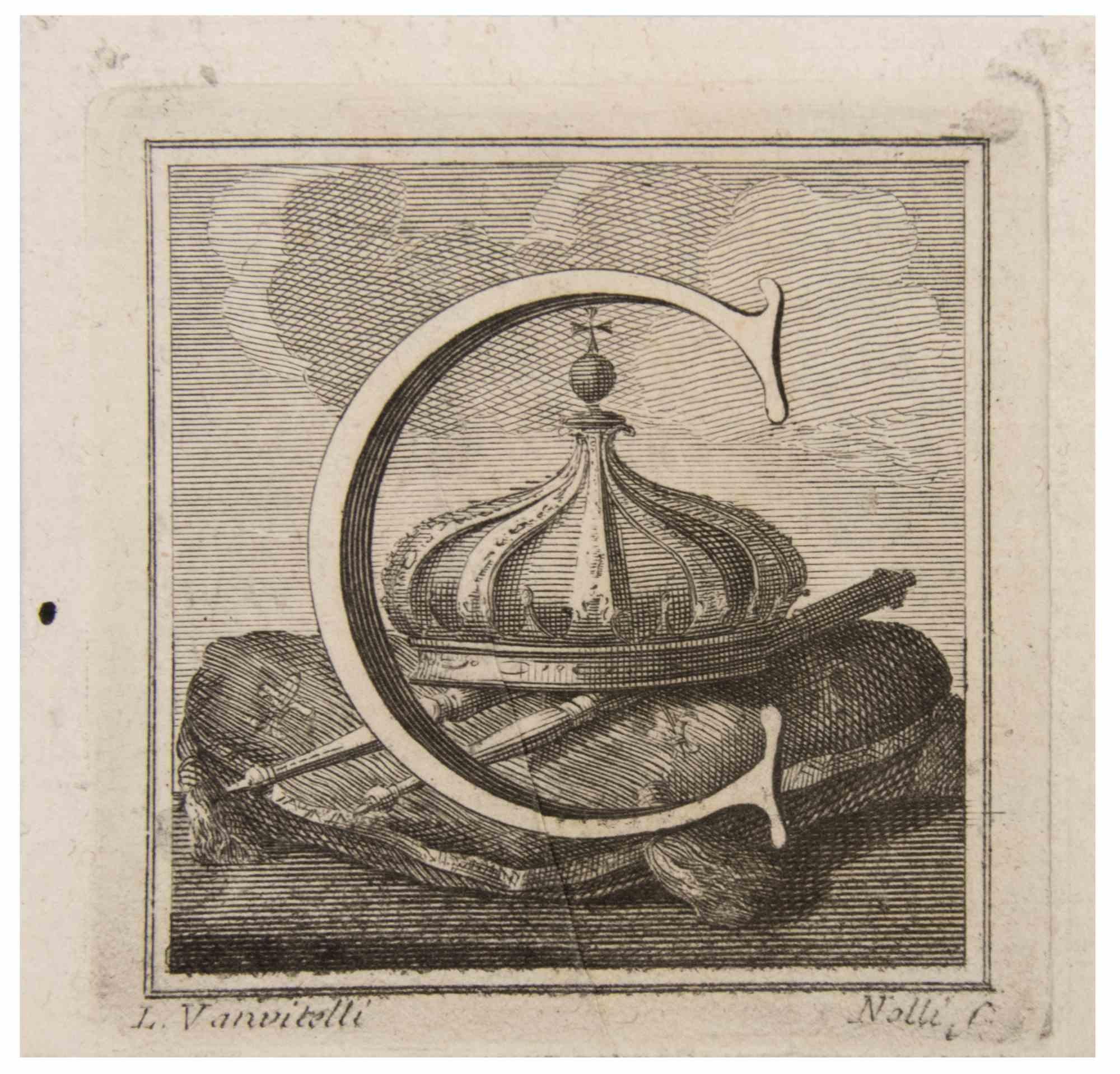 Letter C is an Etching realized by Luigi Vanvitelli.

The etching belongs to the print suite “Antiquities of Herculaneum Exposed” (original title: “Le Antichità di Ercolano Esposte”), an eight-volume volume of engravings of the finds from the