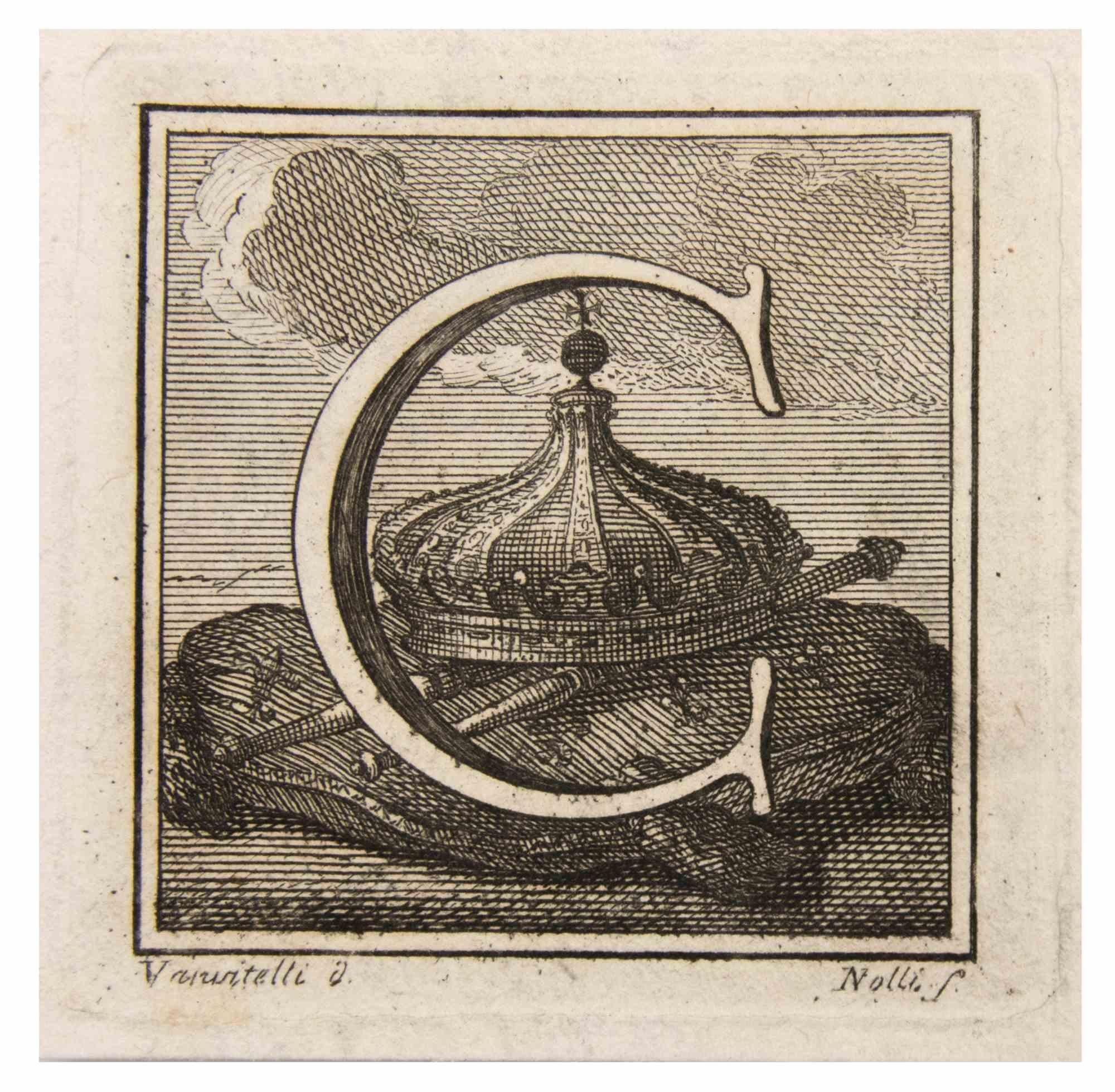 Letter C is an Etching realized by Luigi Vanvitelli.

The etching belongs to the print suite “Antiquities of Herculaneum Exposed” (original title: “Le Antichità di Ercolano Esposte”), an eight-volume volume of engravings of the finds from the