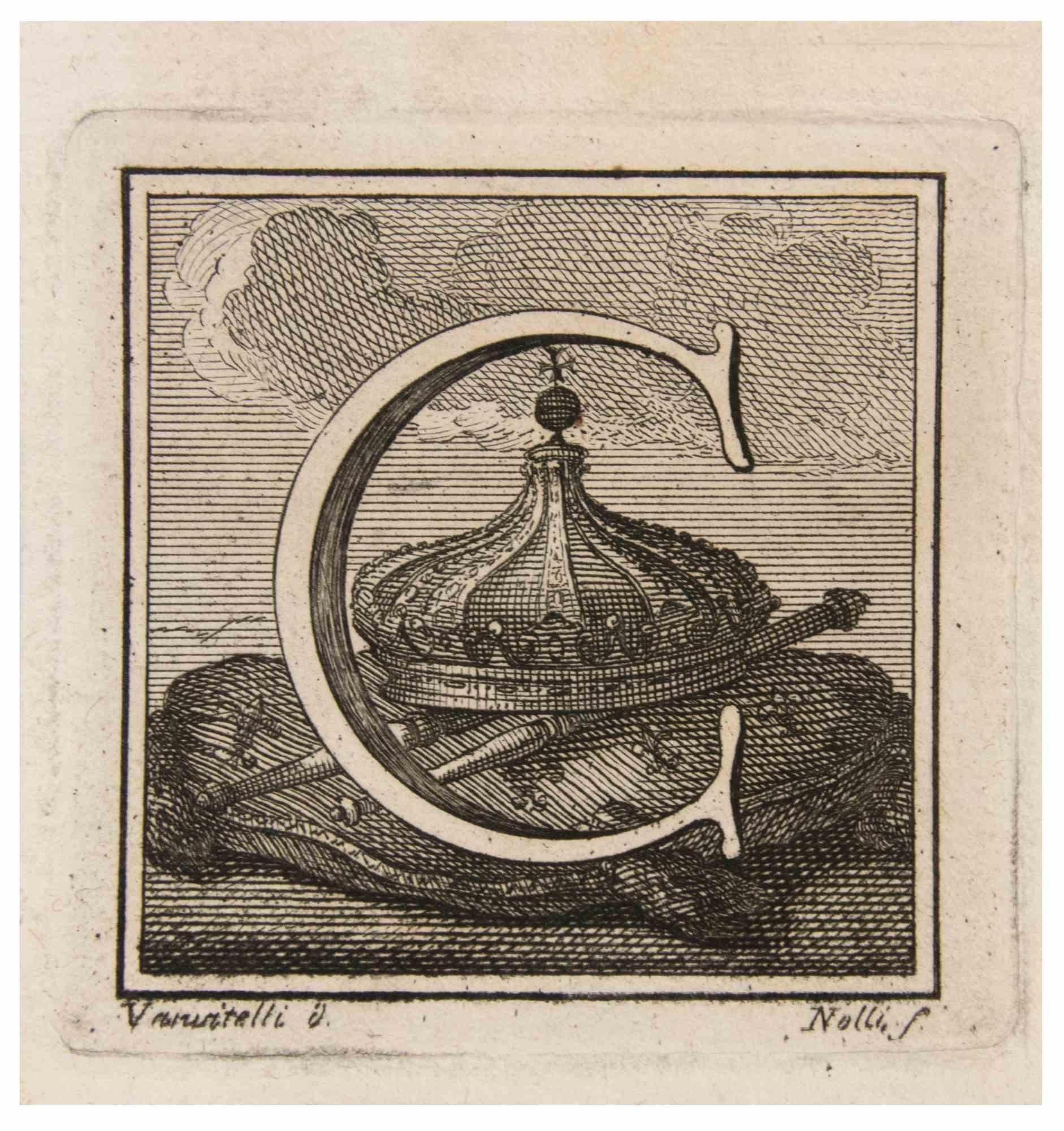 Letter C is an Etching realized by Luigi Vanvitelli.

The etching belongs to the print suite “Antiquities of Herculaneum Exposed” (original title: “Le Antichità di Ercolano Esposte”), an eight-volume volume of engravings of the finds from the