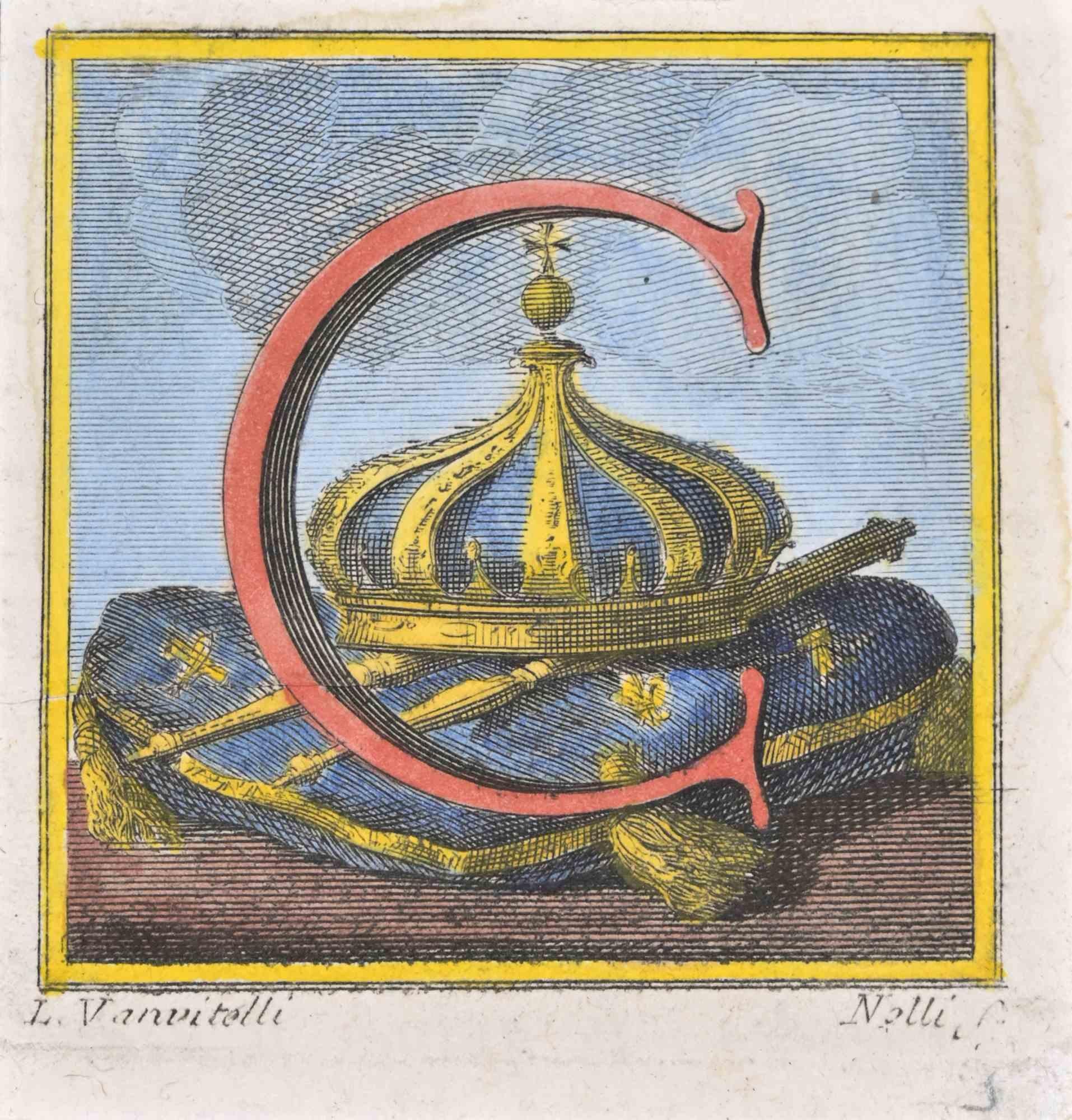 Letter C is an Etching hand watercolored realized by Luigi Vanvitelli in 18th century.

The etching belongs to the print suite “Antiquities of Herculaneum Exposed” (original title: “Le Antichità di Ercolano Esposte”), an eight-volume volume of