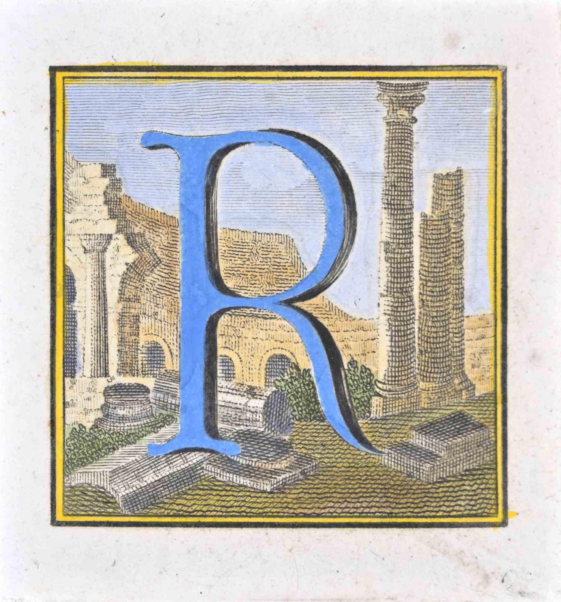 Letter R is an Etching hand watercolored realized by Luigi Vanvitelli in 18th century.

The etching belongs to the print suite “Antiquities of Herculaneum Exposed” (original title: “Le Antichità di Ercolano Esposte”), an eight-volume volume of
