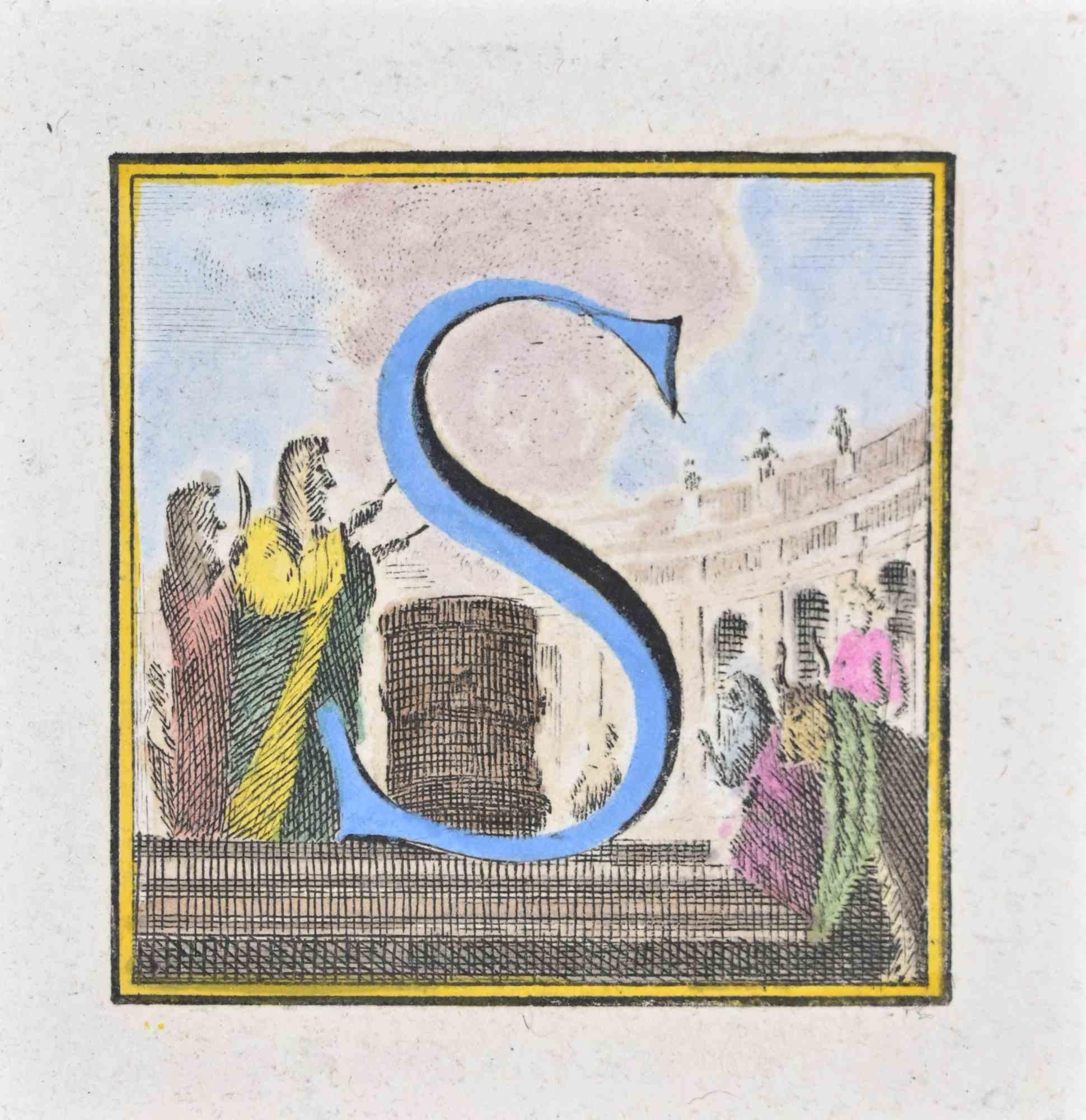 Letter S is an Etching hand watercolored realized by Luigi Vanvitelli in 18th century.

The etching belongs to the print suite “Antiquities of Herculaneum Exposed” (original title: “Le Antichità di Ercolano Esposte”), an eight-volume volume of